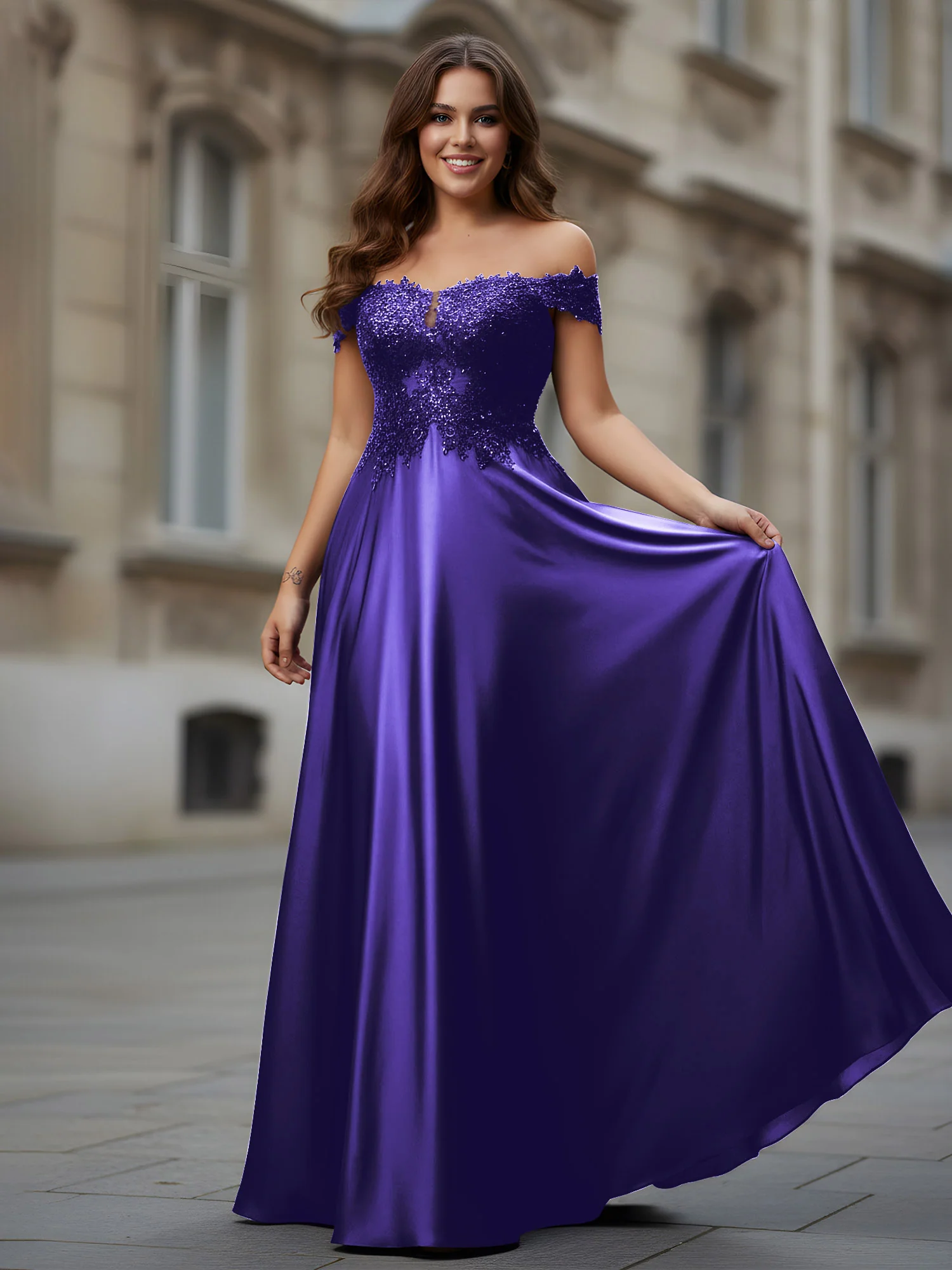 Off-the-shoulder Applique Bodice A-Line Long Dress Regency