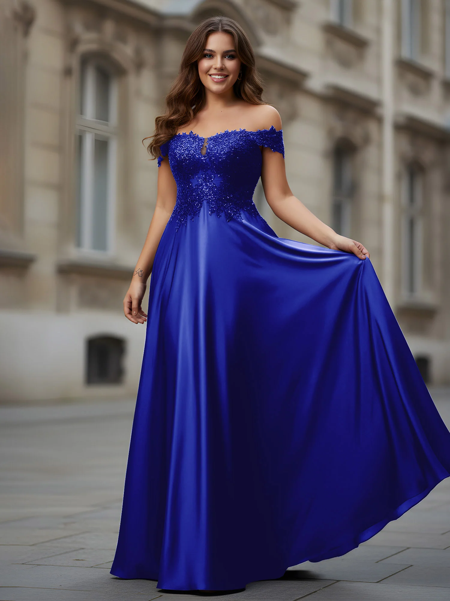Off-the-shoulder Applique Bodice A-Line Long Dress Royal Blue