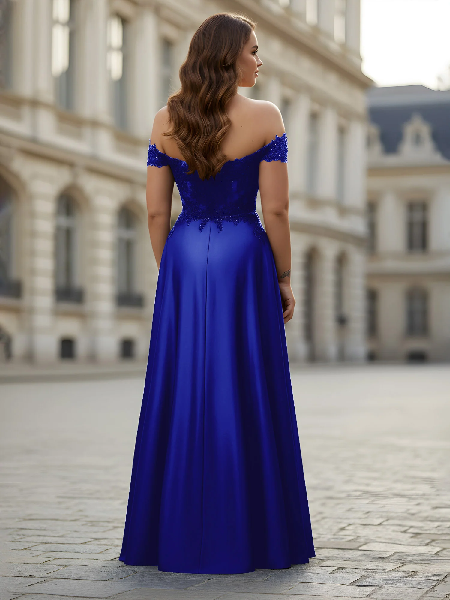 Off-the-shoulder Applique Bodice A-Line Long Dress Royal Blue - Image 2