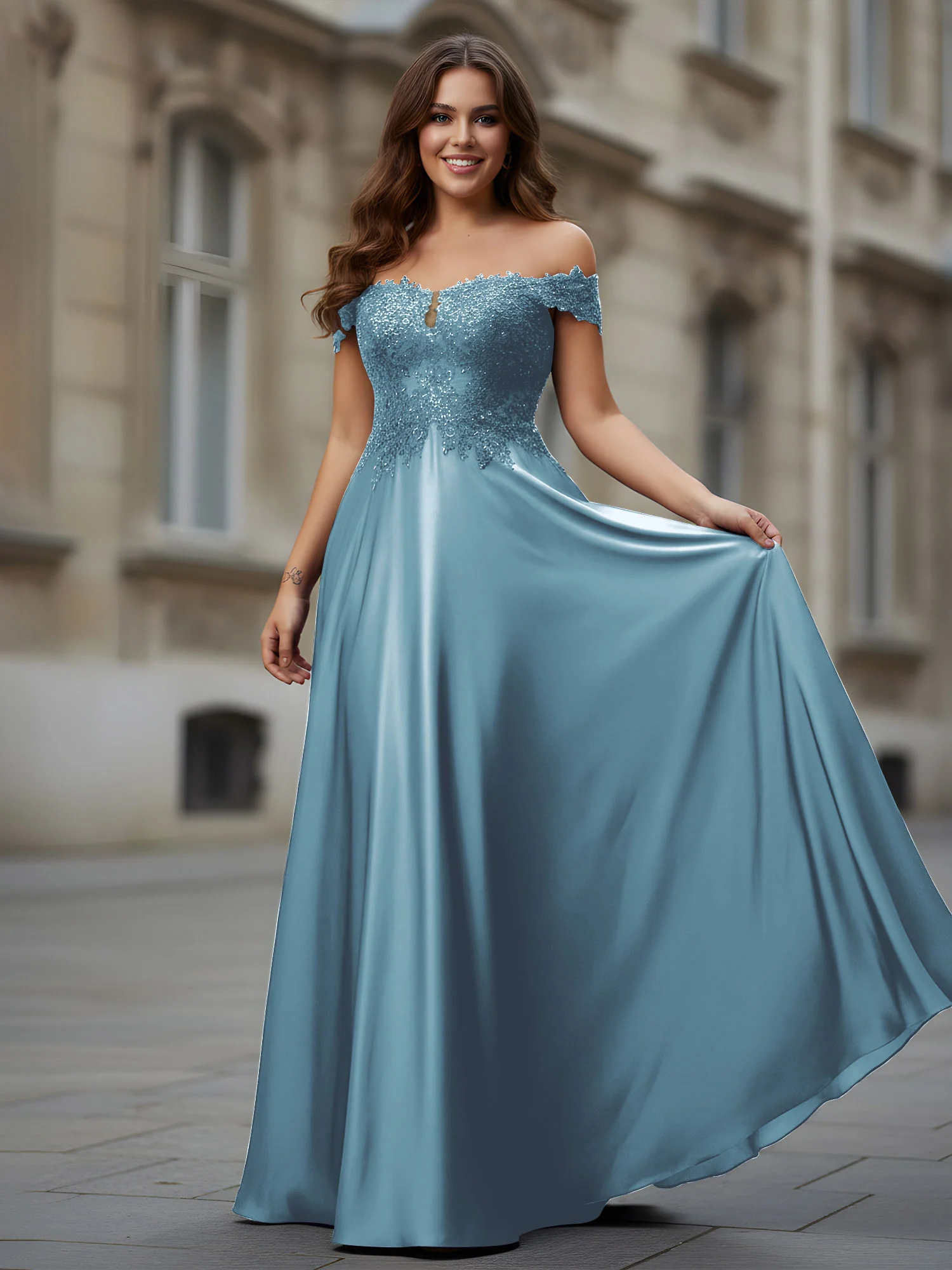 Off-the-shoulder Applique Bodice A-Line Long Dress Slate Blue