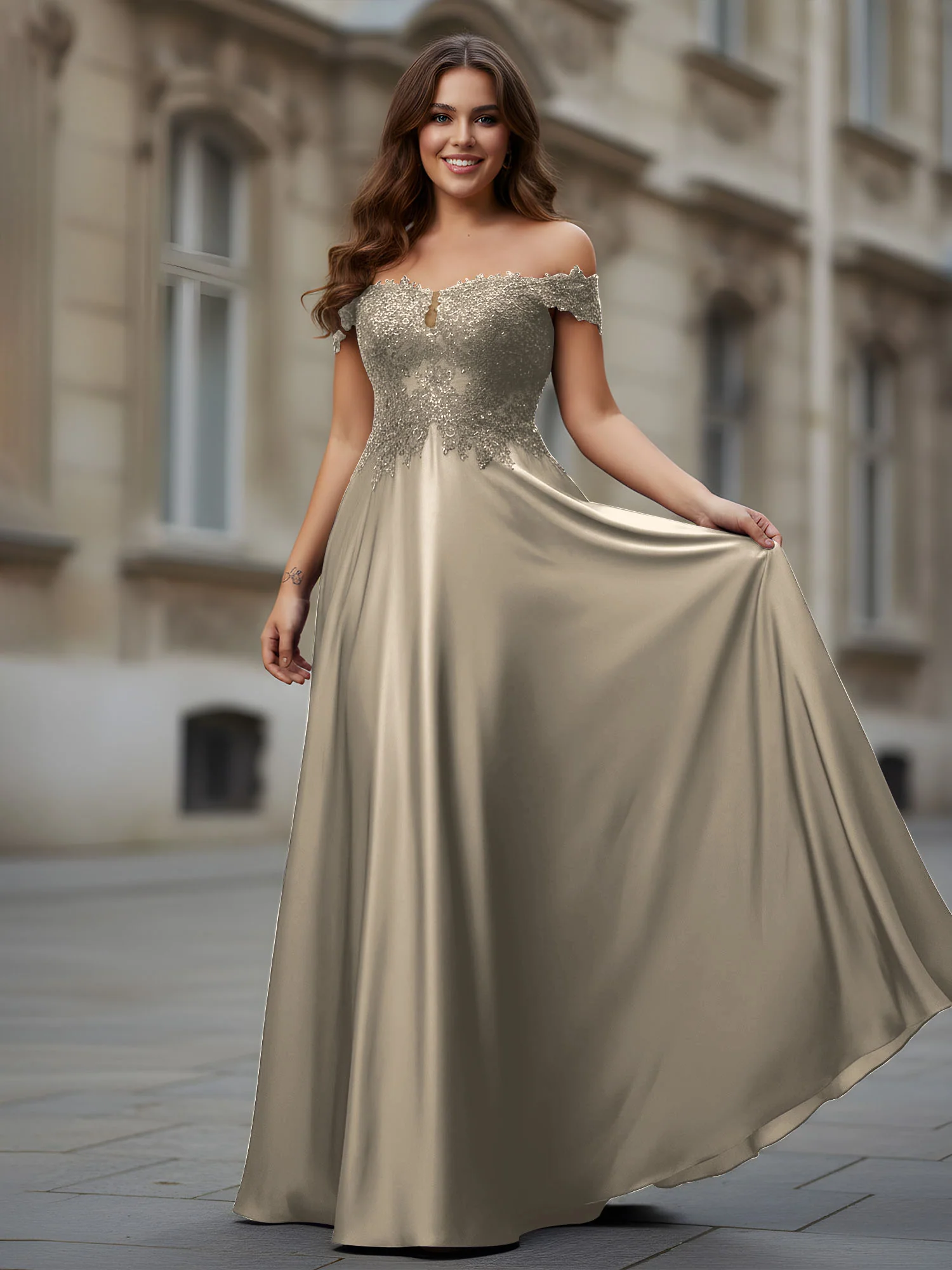 Off-the-shoulder Applique Bodice A-Line Long Dress Taupe