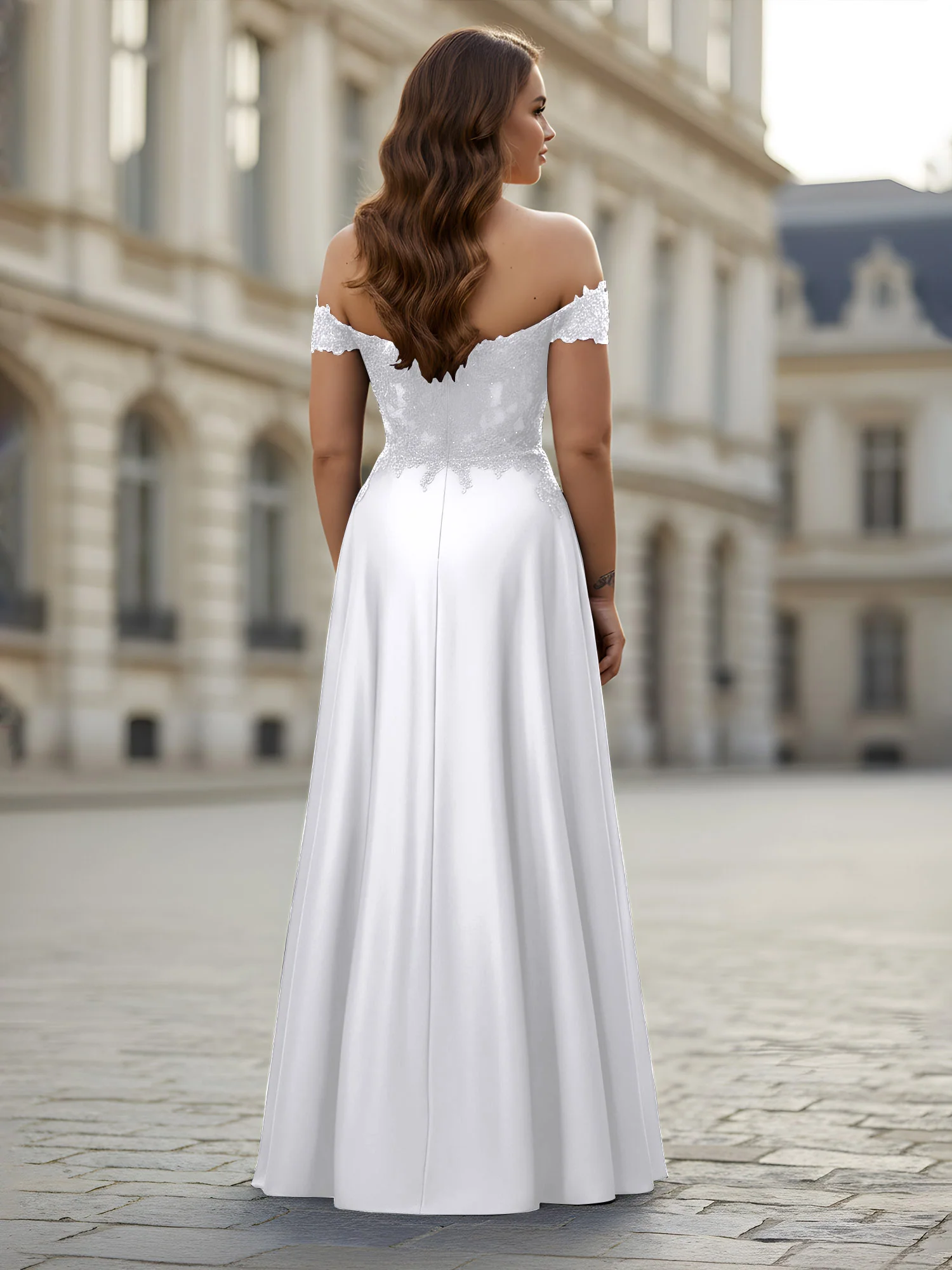 Off-the-shoulder Applique Bodice A-Line Long Dress White - Image 2