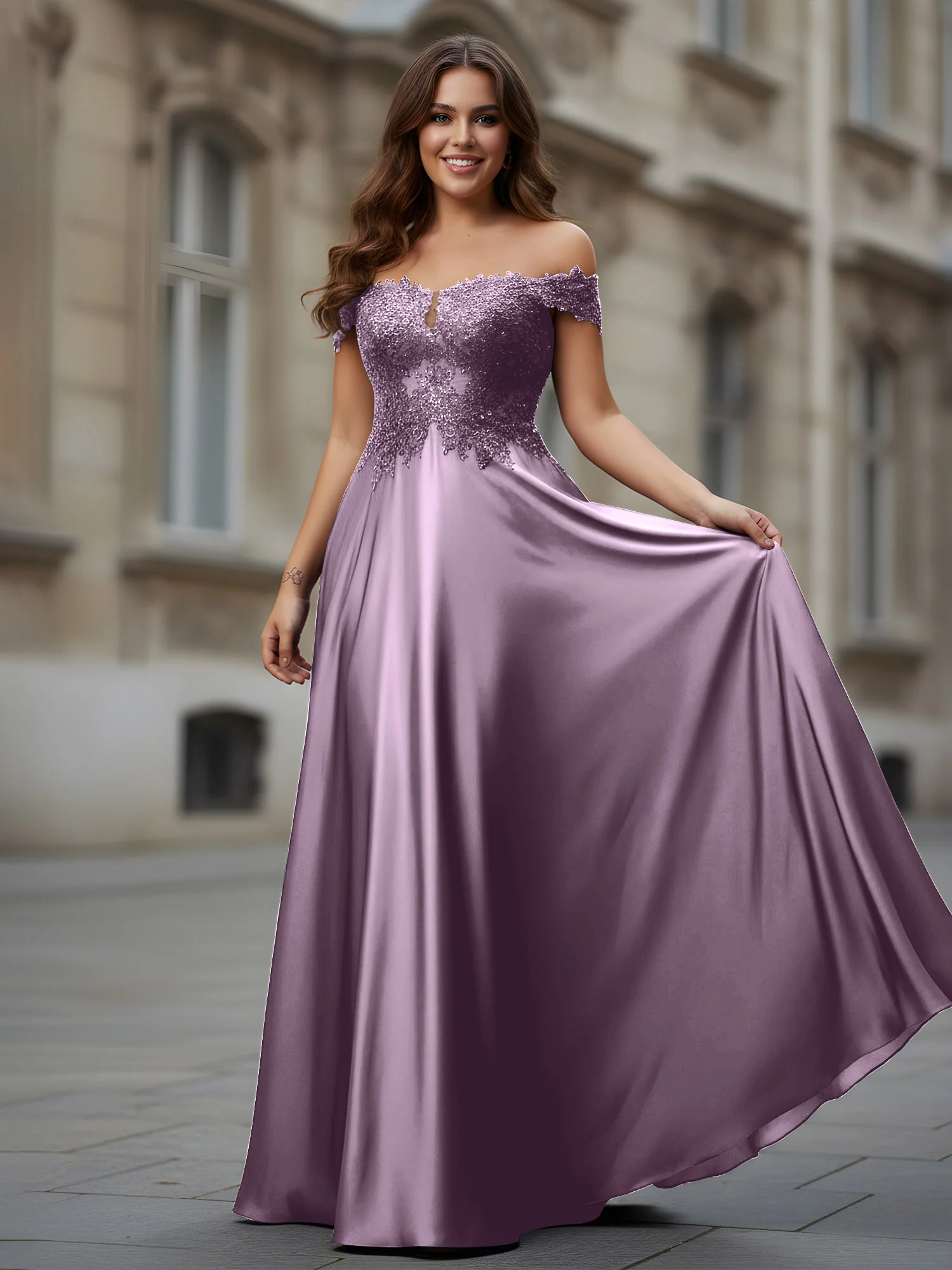 Off-the-shoulder Applique Bodice A-Line Long Dress Wisteria