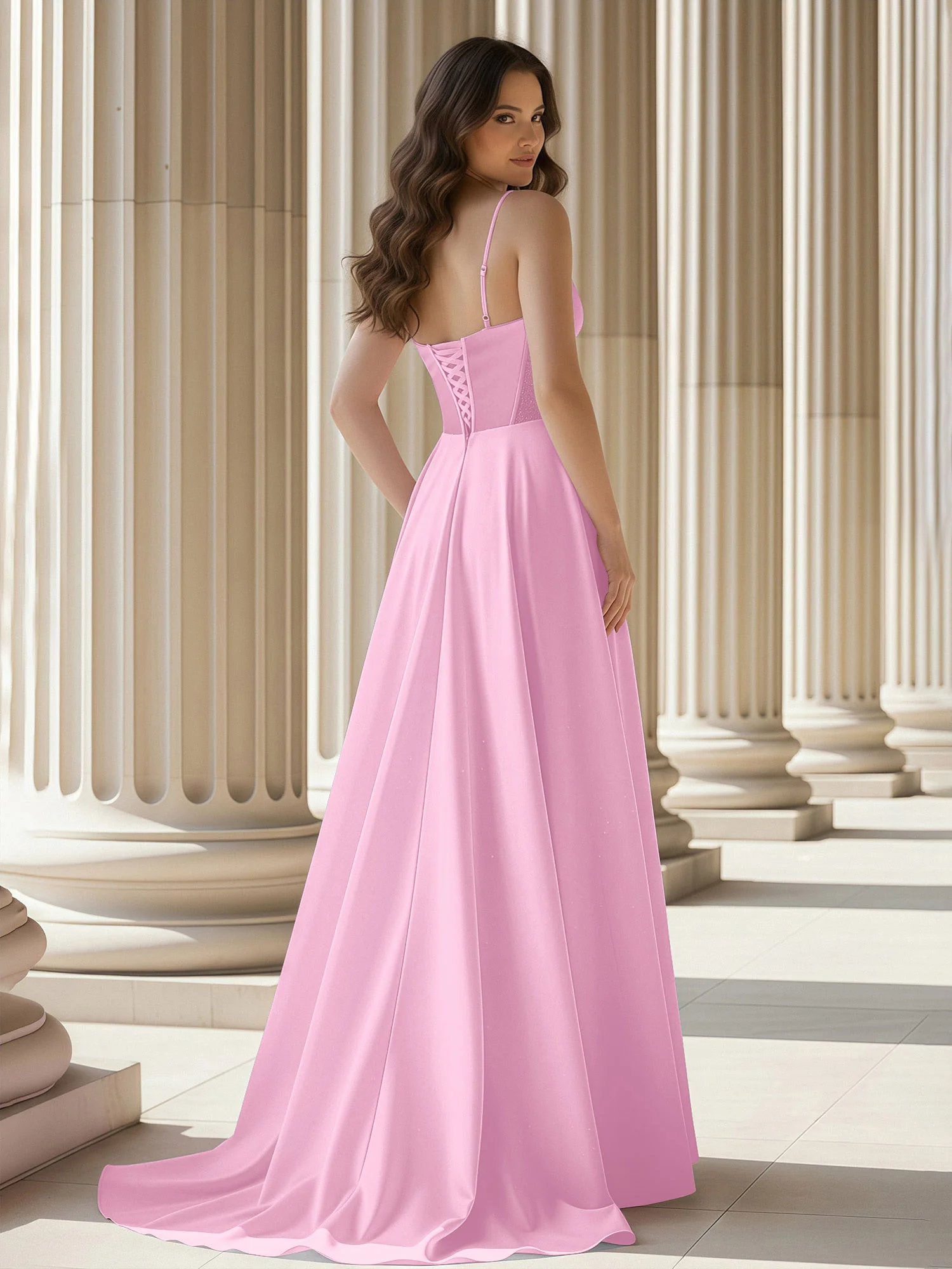 Pleated Sweetheart Neck A-Line Satin Sweep Train Gown Candy Pink - Image 2