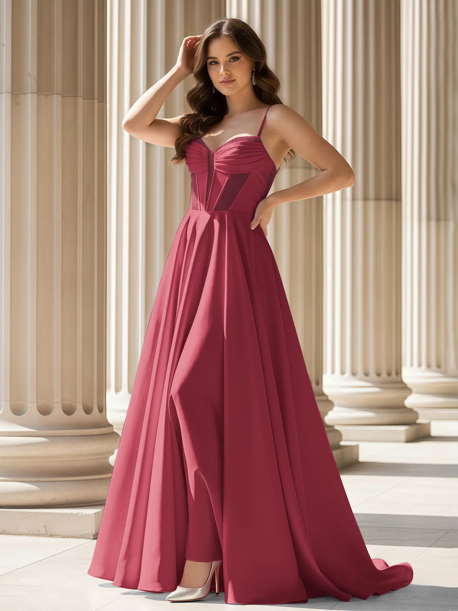 Pleated Sweetheart Neck A-Line Satin Sweep Train Gown Cinnamon Rose