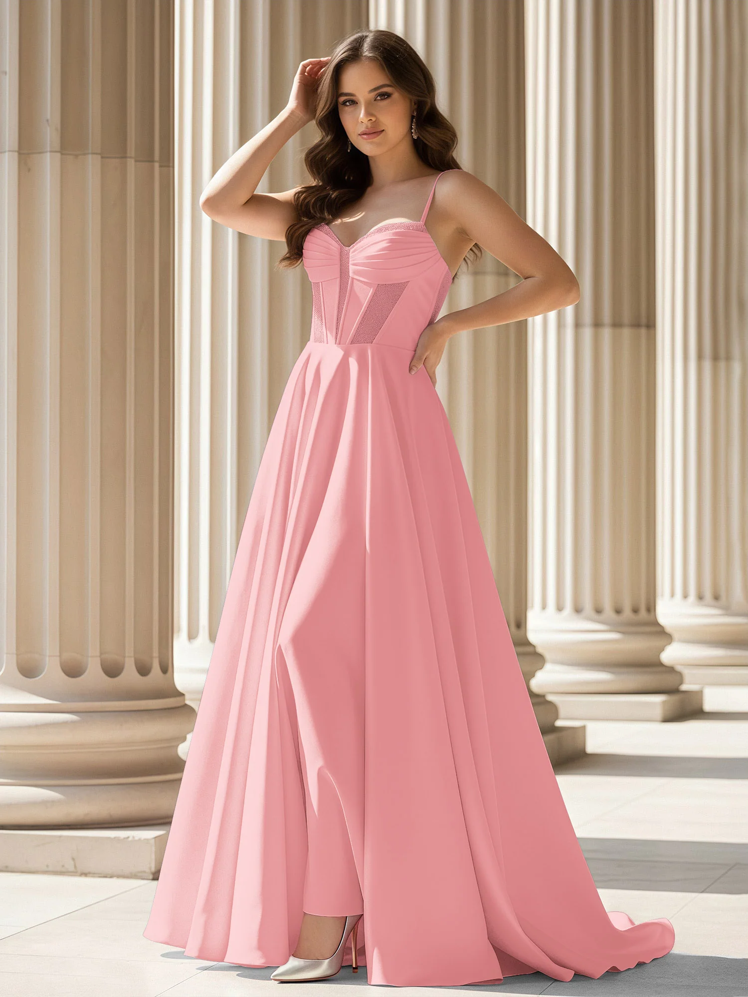 Pleated Sweetheart Neck A-Line Satin Sweep Train Gown Flamingo
