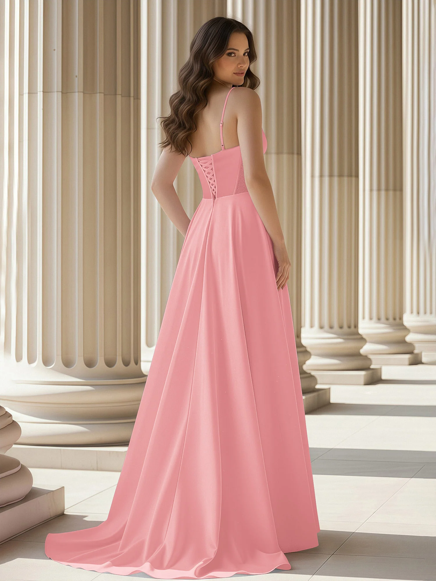 Pleated Sweetheart Neck A-Line Satin Sweep Train Gown Flamingo - Image 2