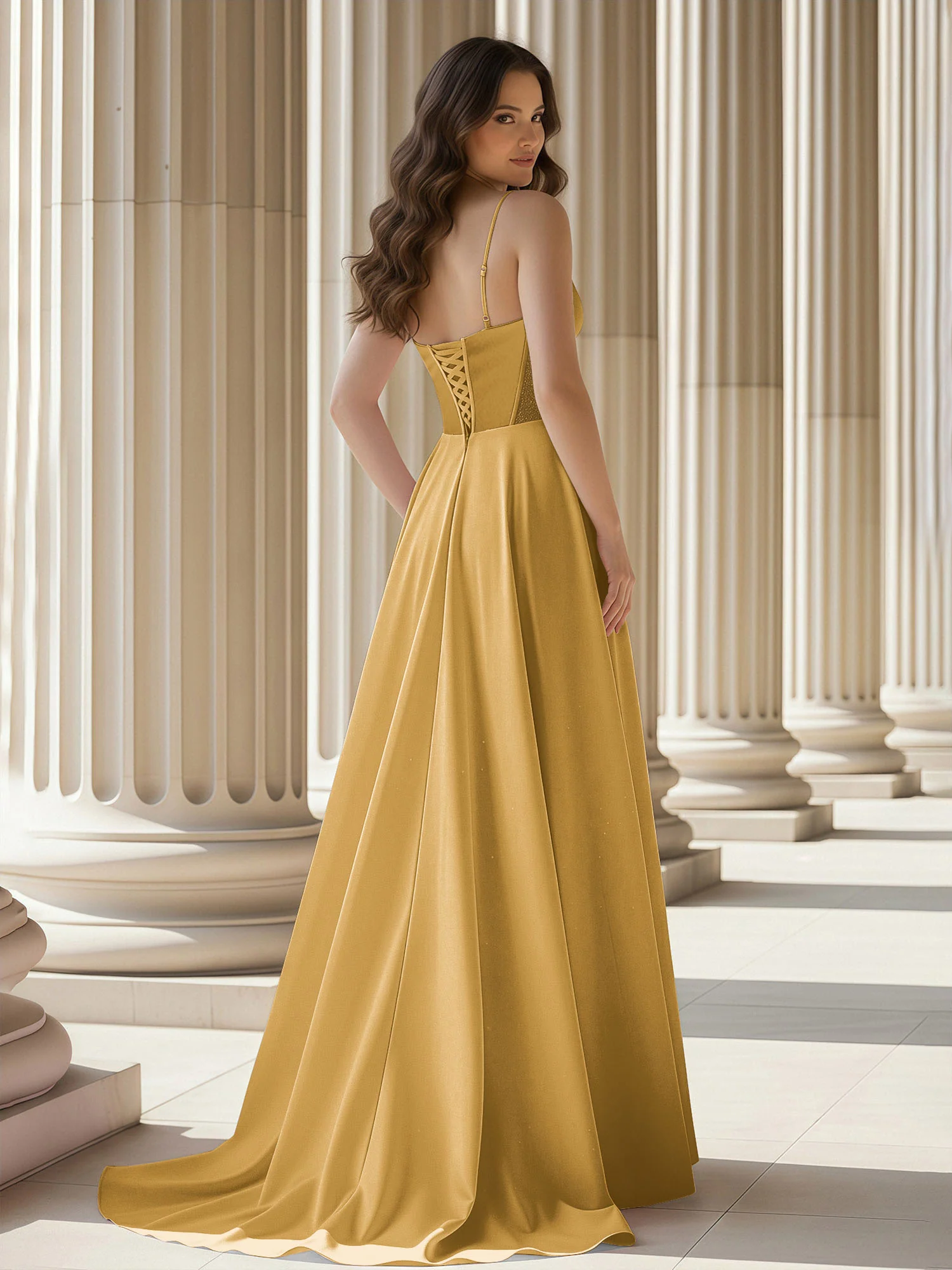 Pleated Sweetheart Neck A-Line Satin Sweep Train Gown Gold - Image 2
