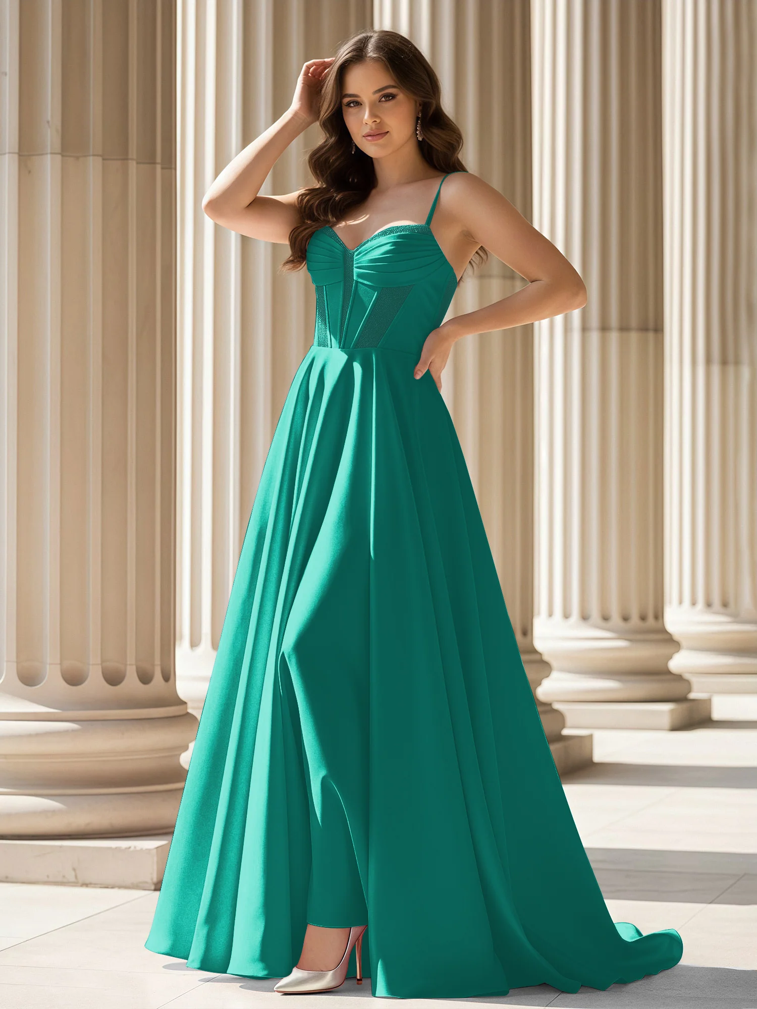 Pleated Sweetheart Neck A-Line Satin Sweep Train Gown Jade