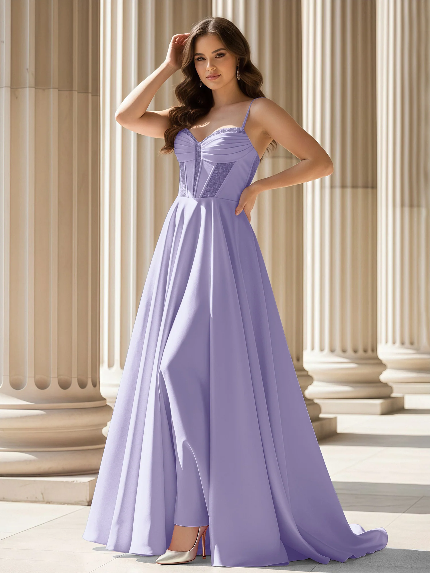 Pleated Sweetheart Neck A-Line Satin Sweep Train Gown Lavender