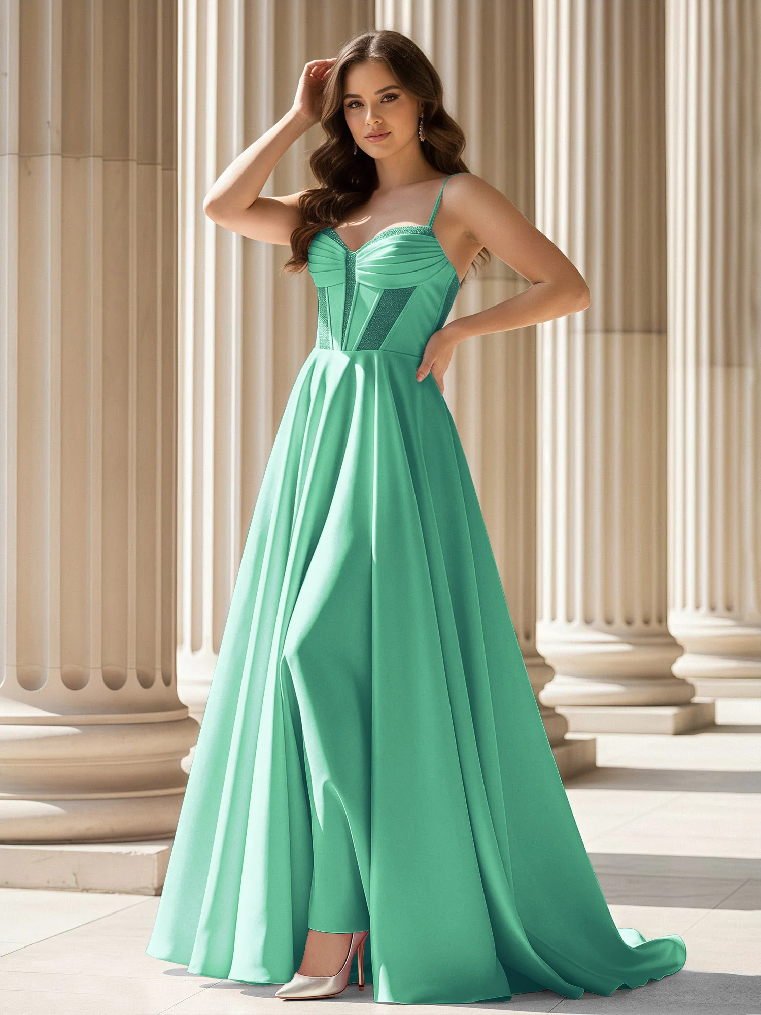 Pleated Sweetheart Neck A-Line Satin Sweep Train Gown Turquoise