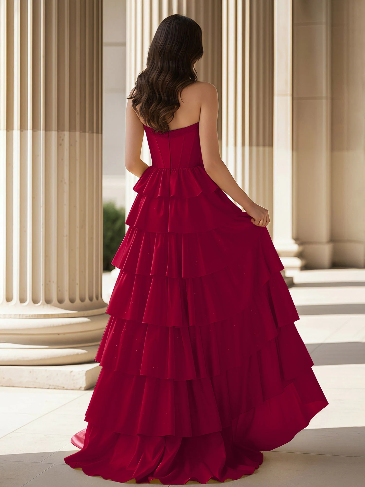 A-Line Sleeveless Strapless Gown With Ruffle Burgundy - Image 2