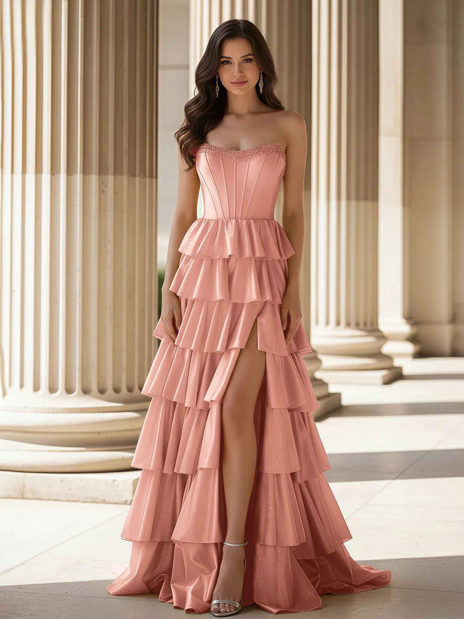 A-Line Sleeveless Strapless Gown With Ruffle Dusty Rose