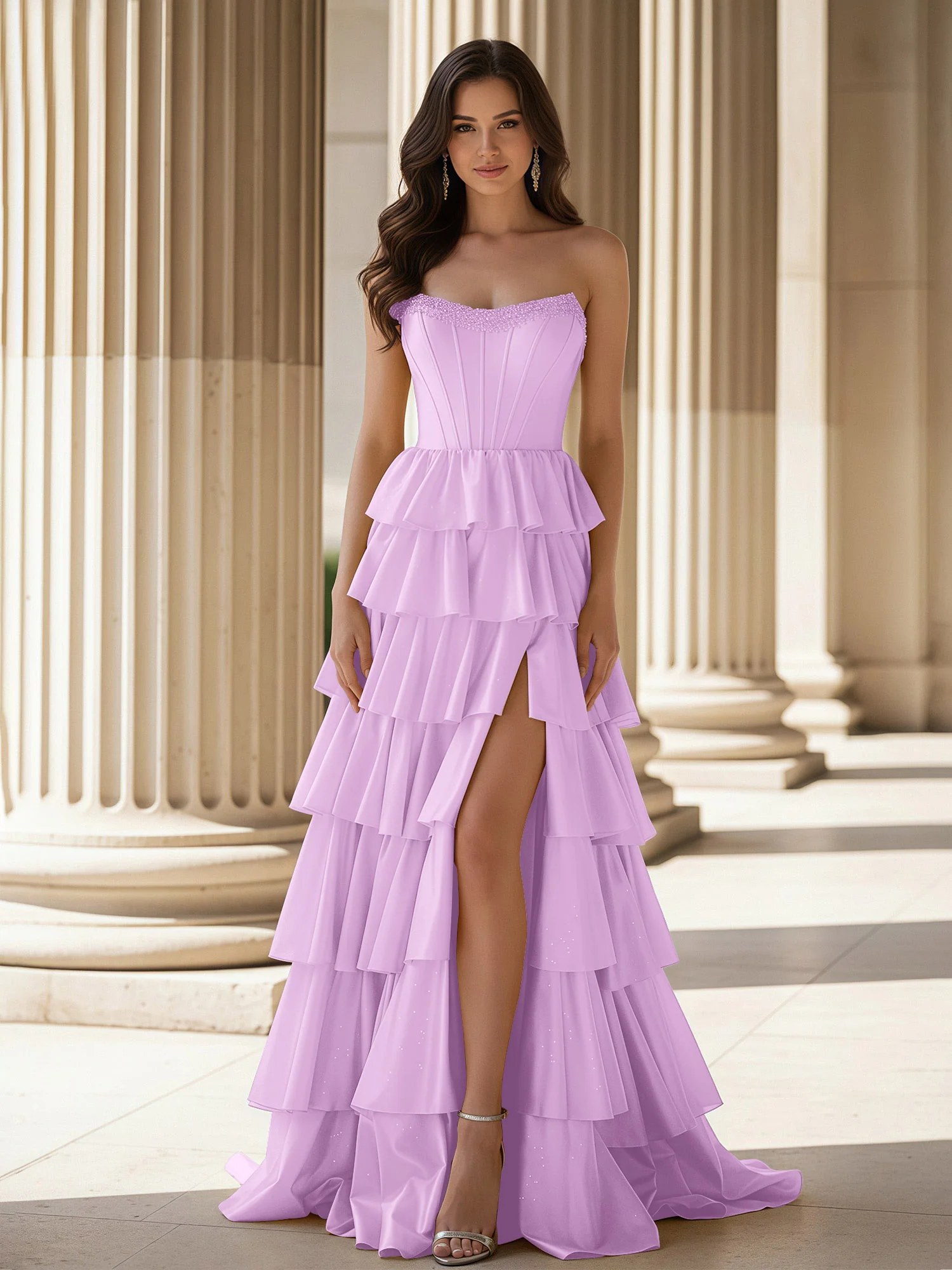 A-Line Sleeveless Strapless Gown With Ruffle Lilac