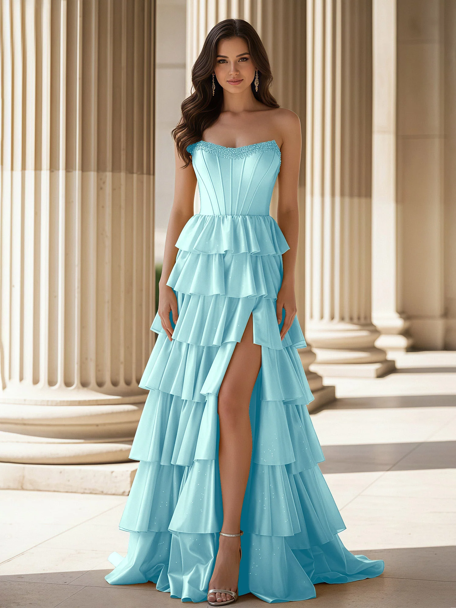 A-Line Sleeveless Strapless Gown With Ruffle Mist