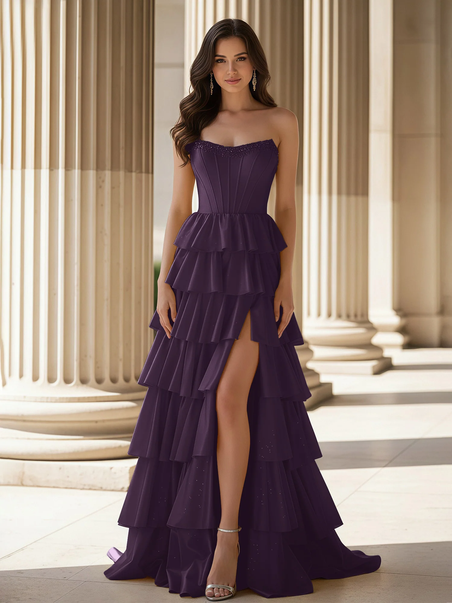 A-Line Sleeveless Strapless Gown With Ruffle Plum