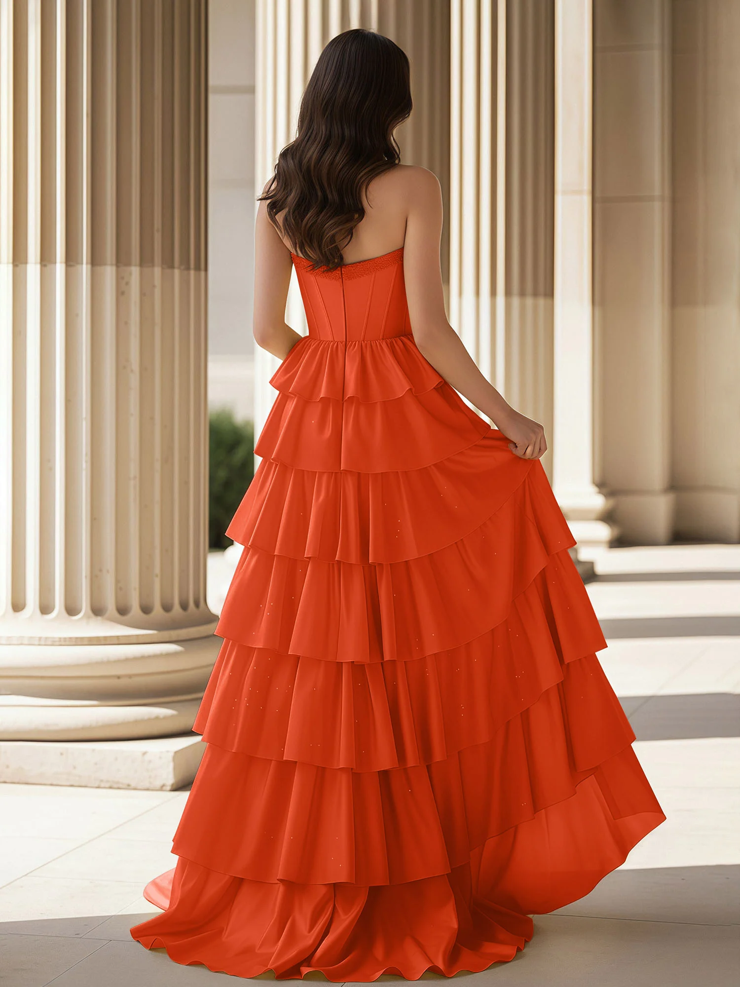 A-Line Sleeveless Strapless Gown With Ruffle Rust - Image 2