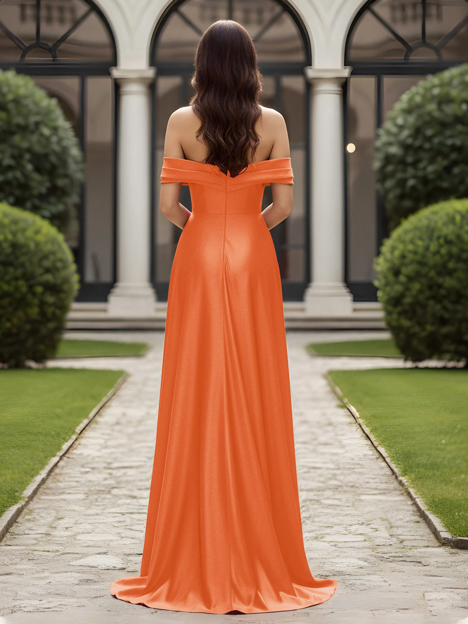 Off-The-Shoulder Pleated Dress With Slit Burnt Orange - Image 2