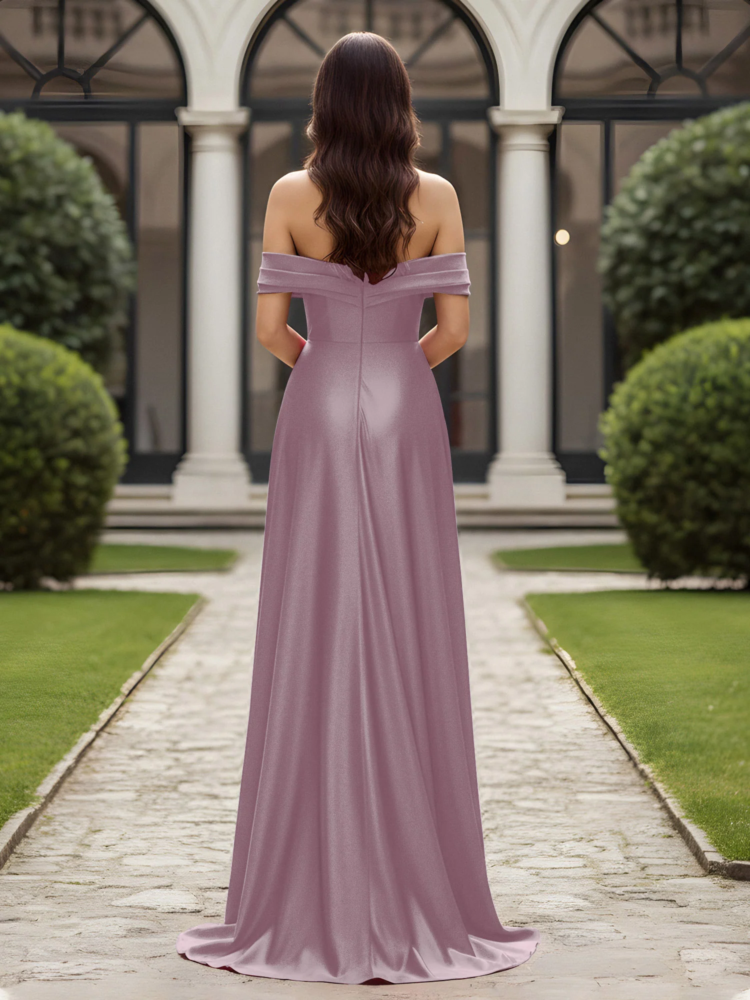 Off-The-Shoulder Pleated Dress With Slit Dusk - Image 2