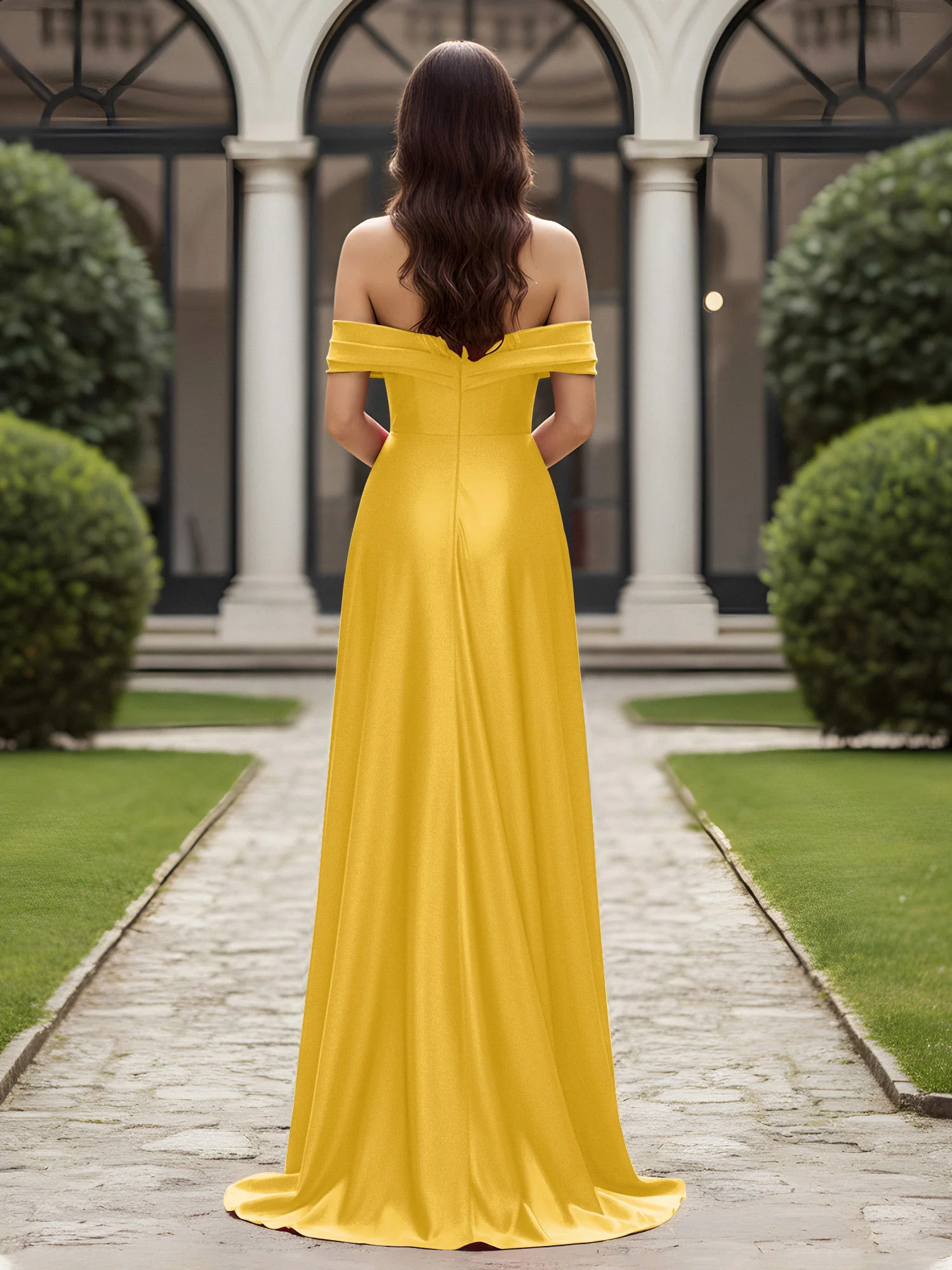 Off-The-Shoulder Pleated Dress With Slit Marigold - Image 2