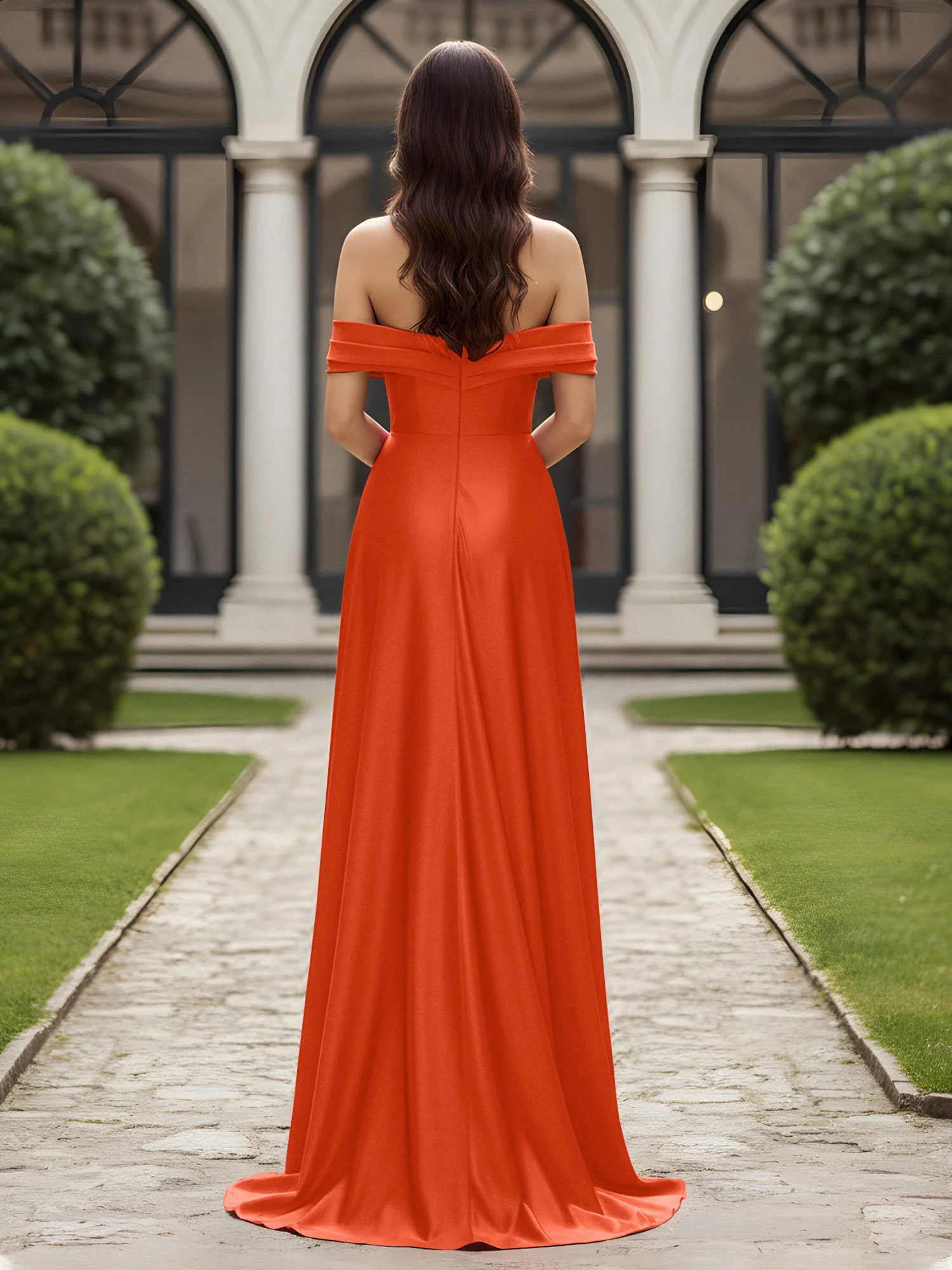 Off-The-Shoulder Pleated Dress With Slit Rust - Image 2