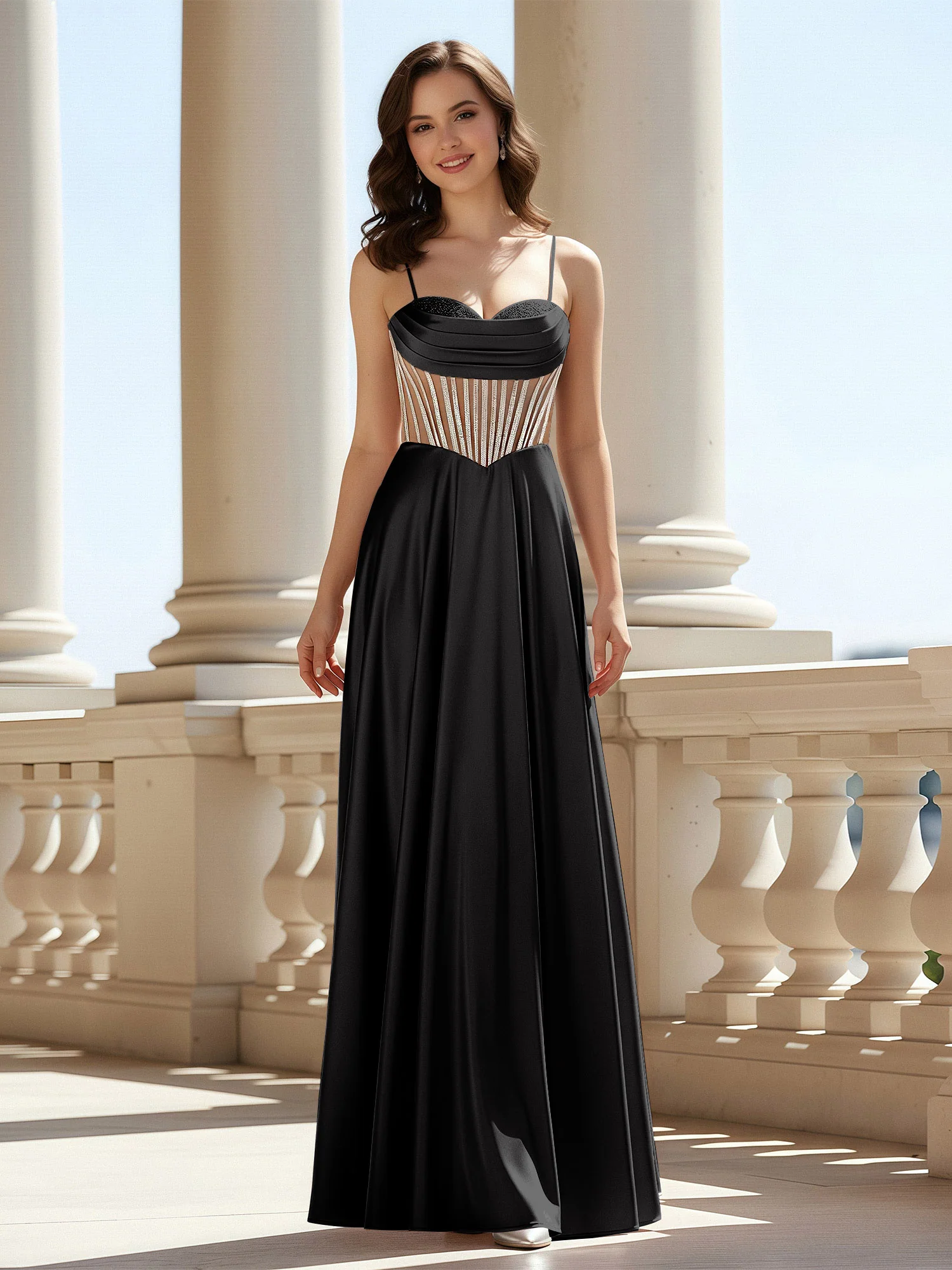 A-Line Sweetheart Floor Length Lace-Up Prom Dress Black