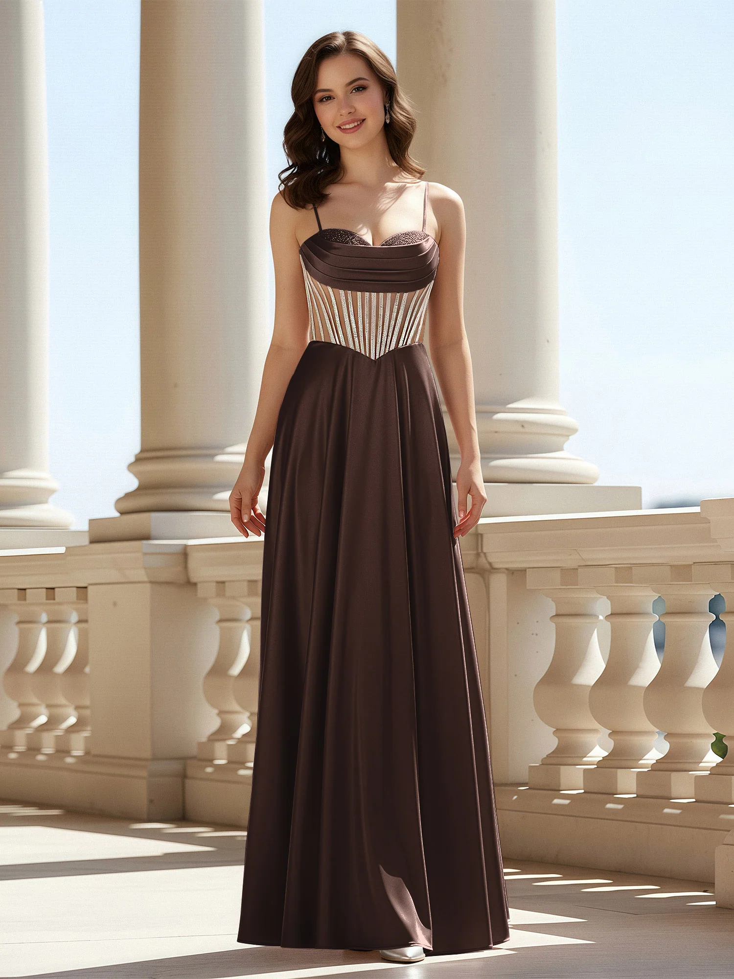 A-Line Sweetheart Floor Length Lace-Up Prom Dress Chocolate