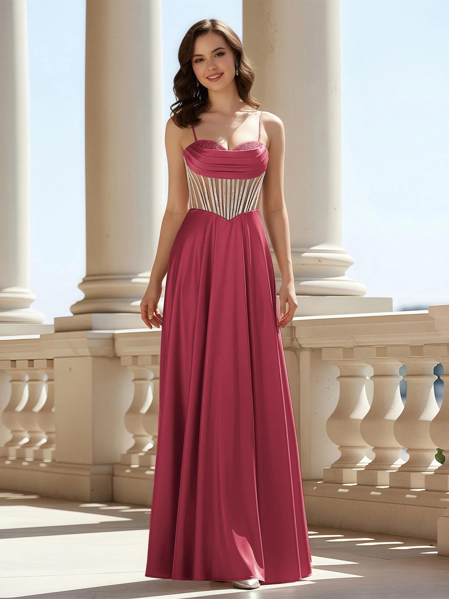 A-Line Sweetheart Floor Length Lace-Up Prom Dress Cinnamon Rose