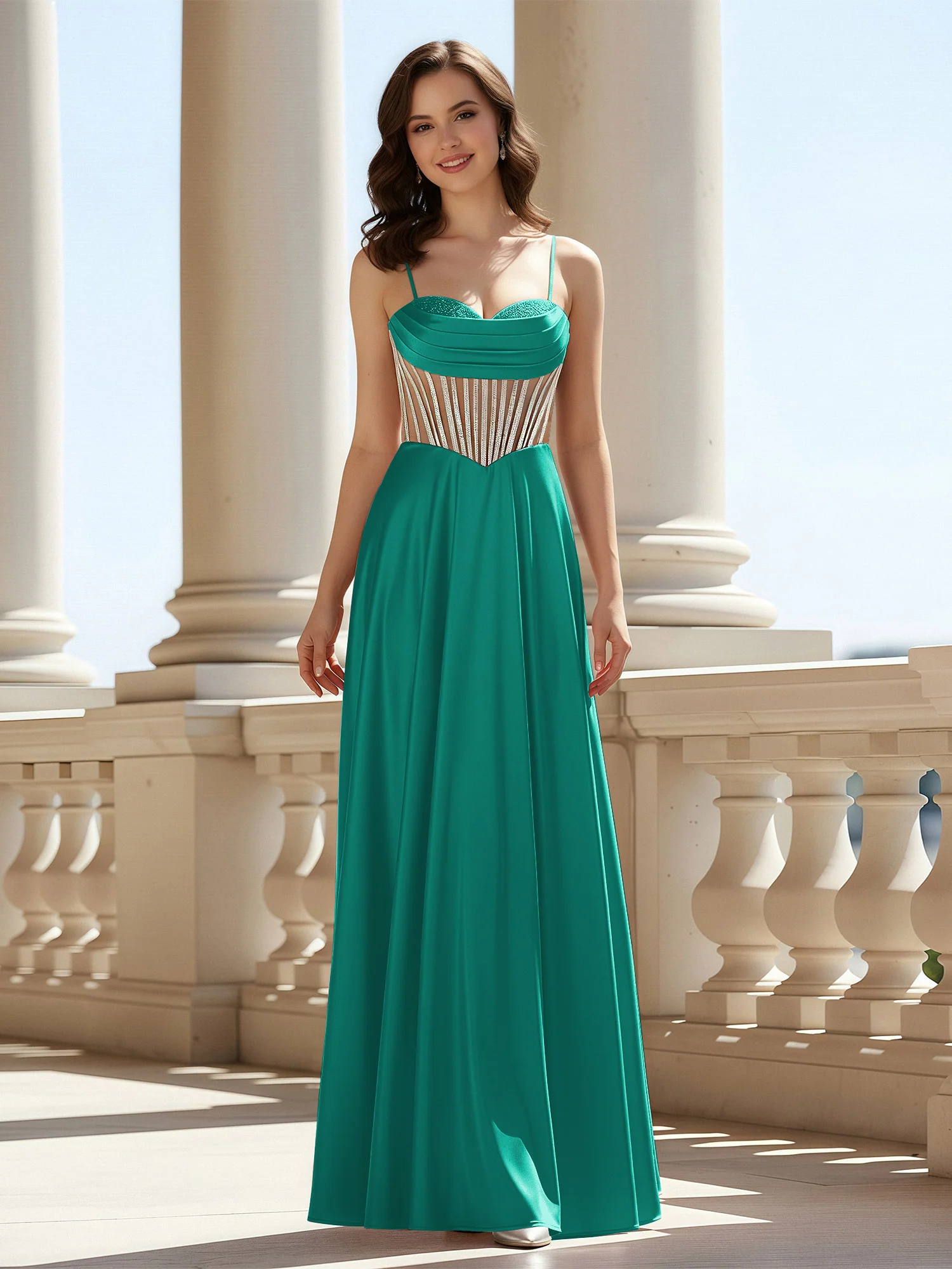 A-Line Sweetheart Floor Length Lace-Up Prom Dress Jade