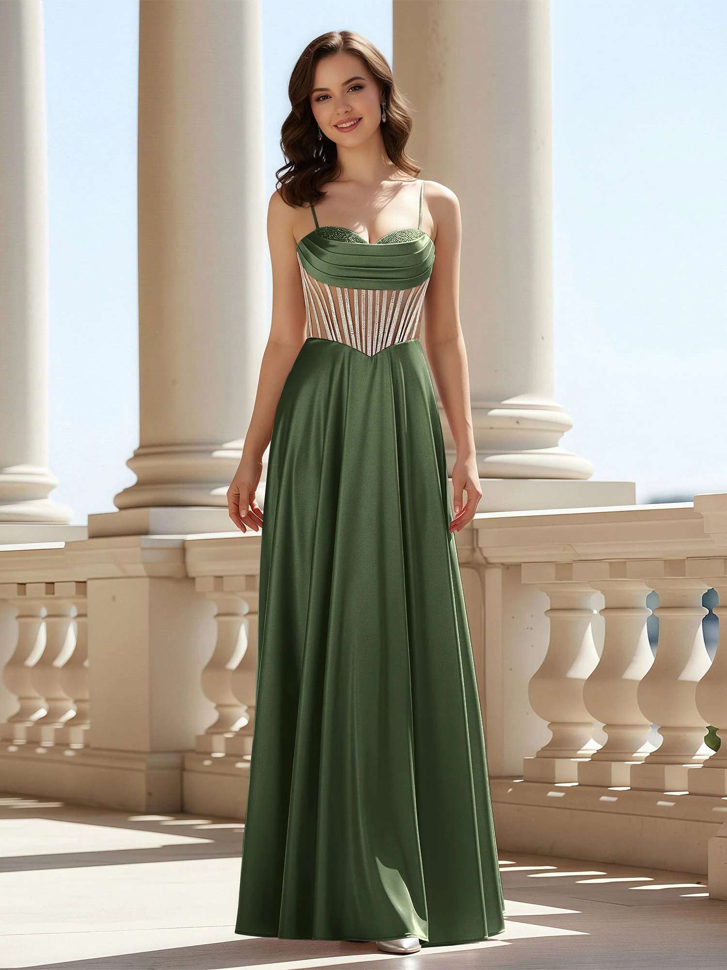 A-Line Sweetheart Floor Length Lace-Up Prom Dress Olive Green