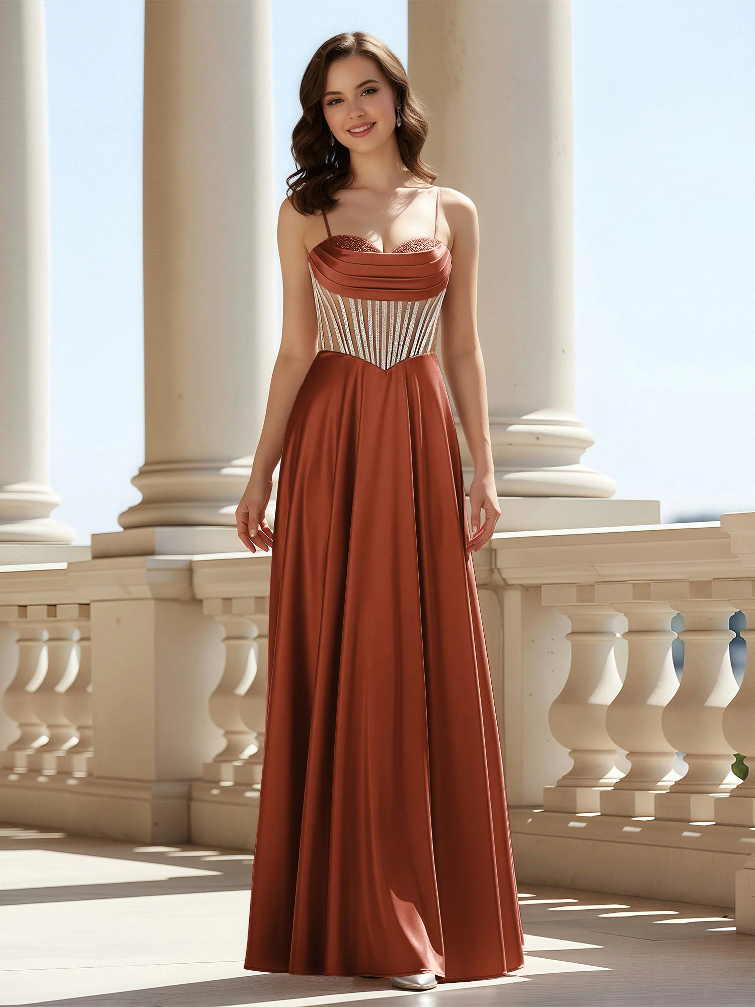 A-Line Sweetheart Floor Length Lace-Up Prom Dress Rust