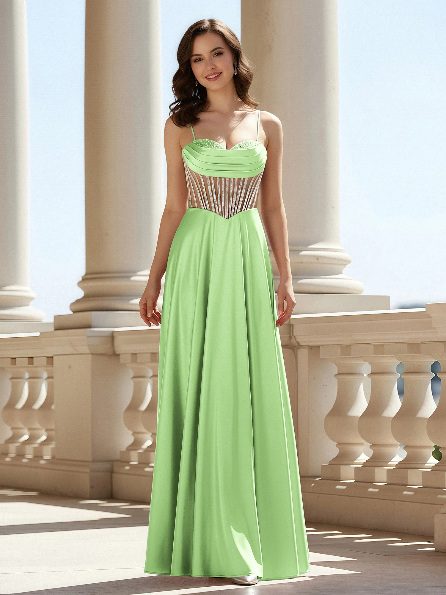 A-Line Sweetheart Floor Length Lace-Up Prom Dress Sage