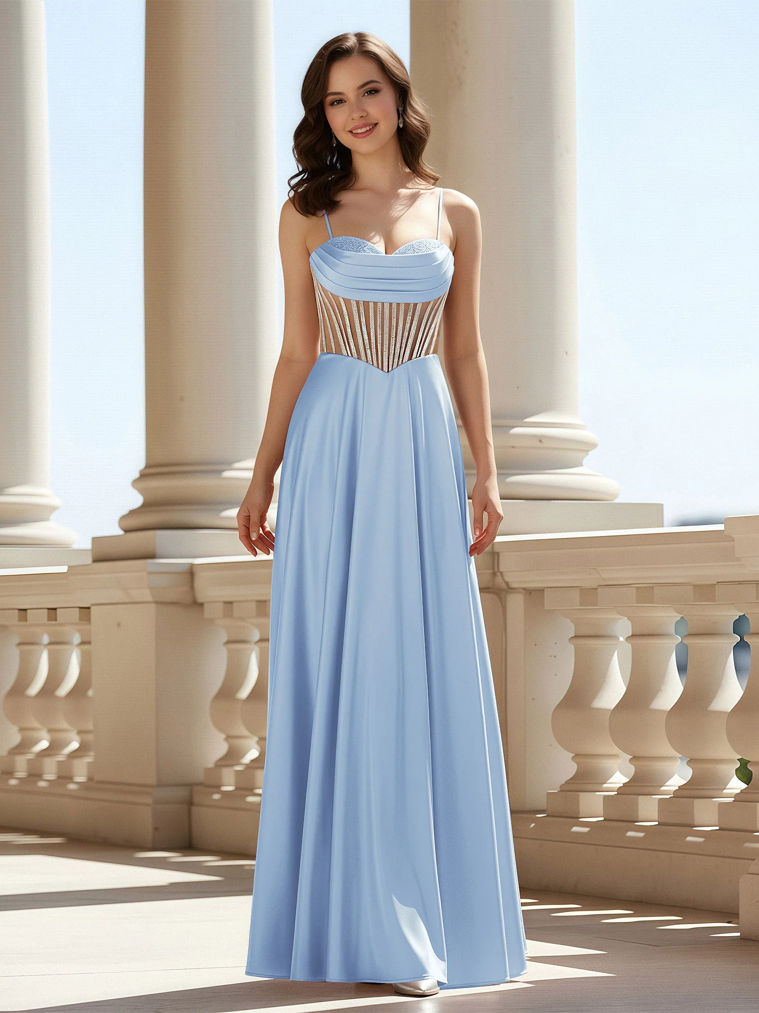 A-Line Sweetheart Floor Length Lace-Up Prom Dress Sky Blue
