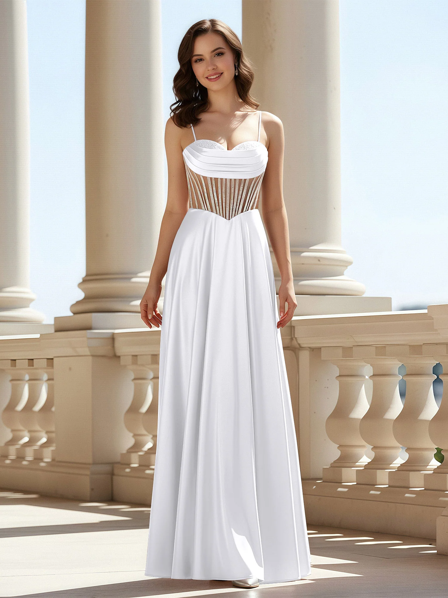 A-Line Sweetheart Floor Length Lace-Up Prom Dress White
