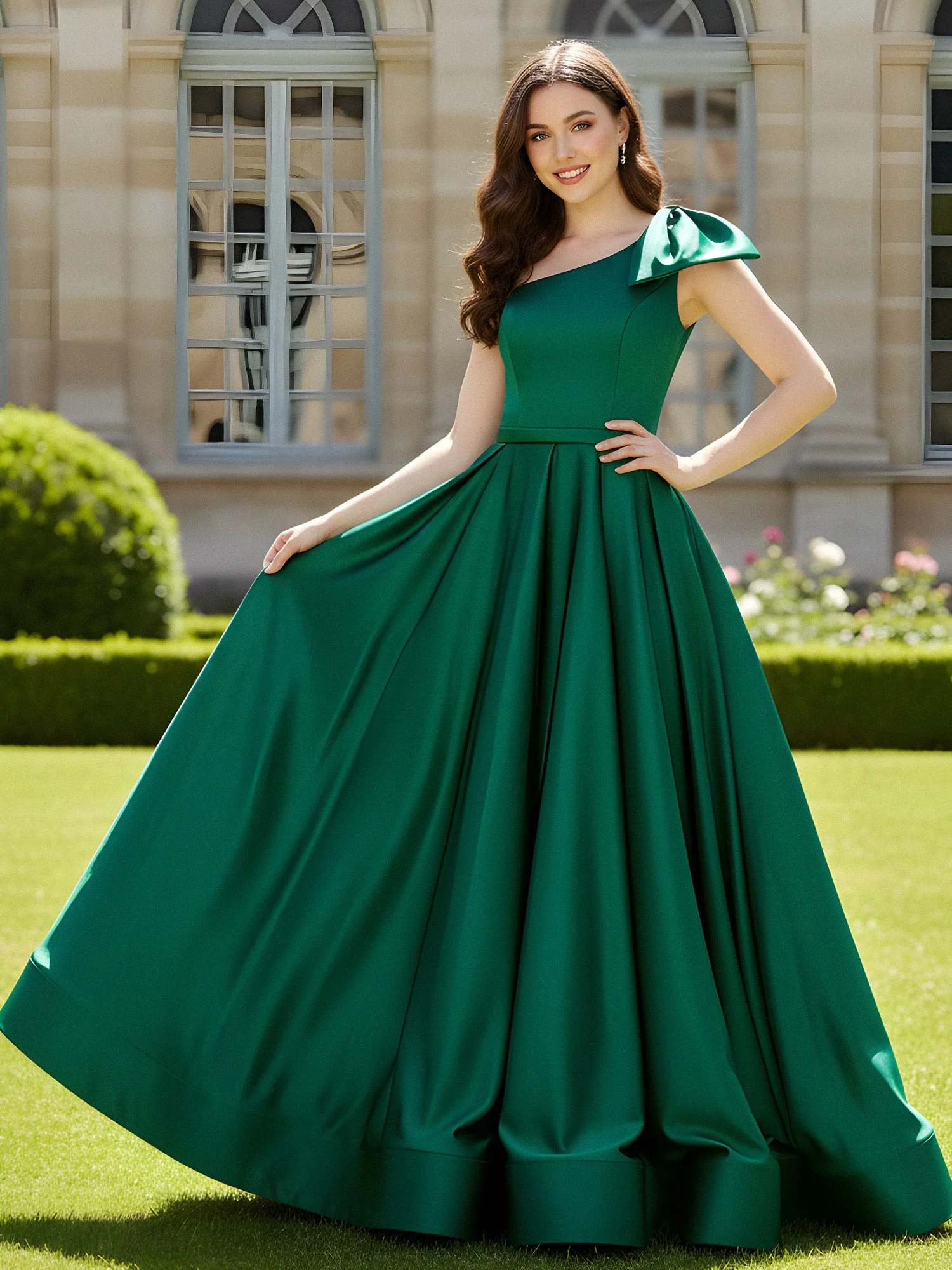 One Shoulder Sweep Train Satin Gown With Bow Blushing Pink