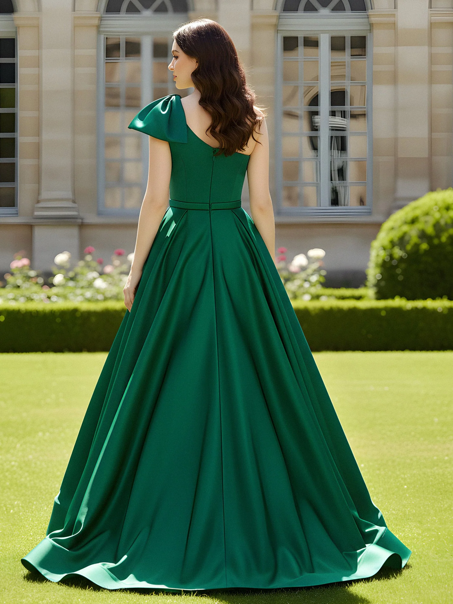 One Shoulder Sweep Train Satin Gown With Bow Chocolate - Image 2