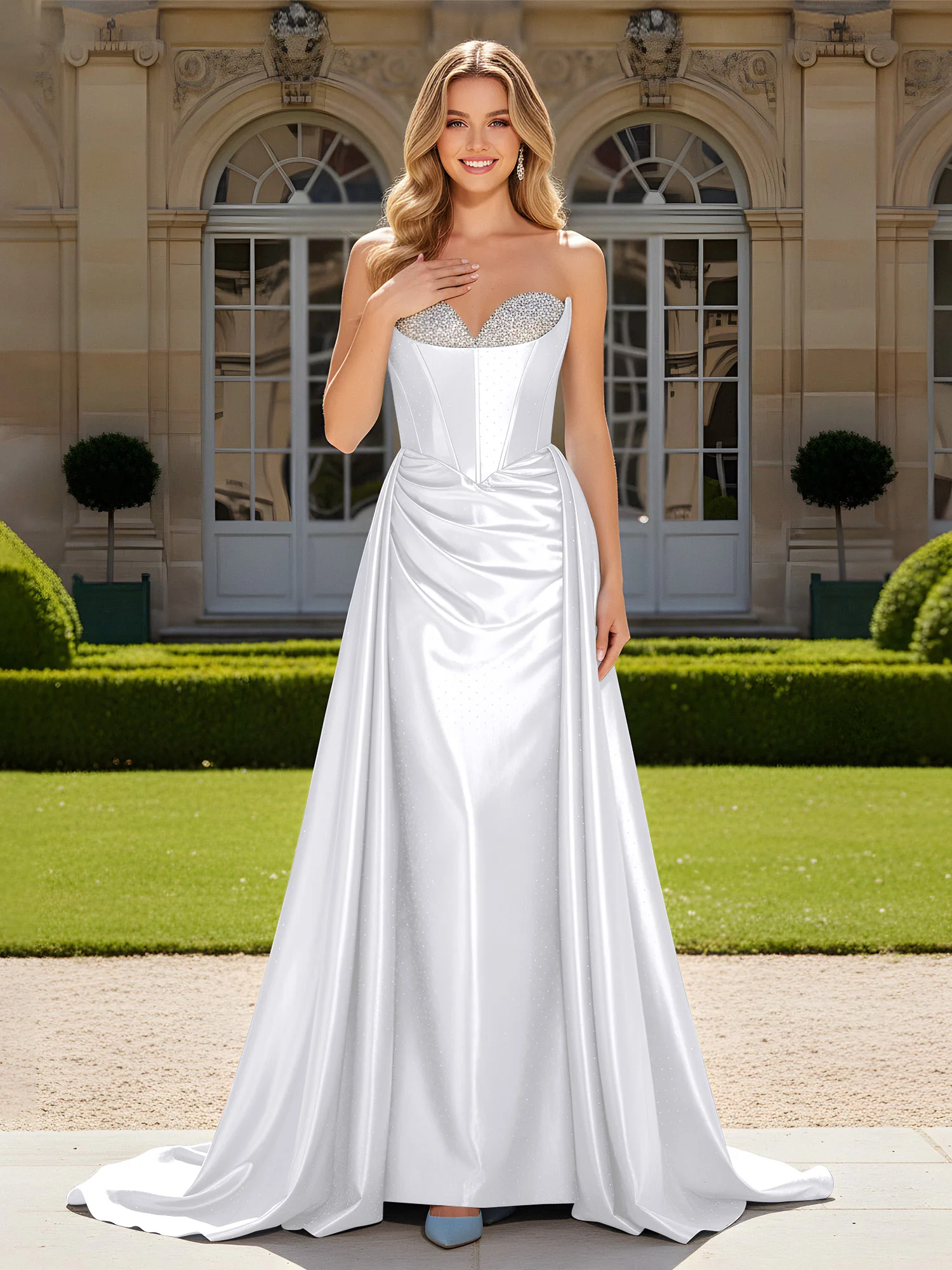 Sweetheart Pleated Lace-Up Gown With Sweep/Brush Train White