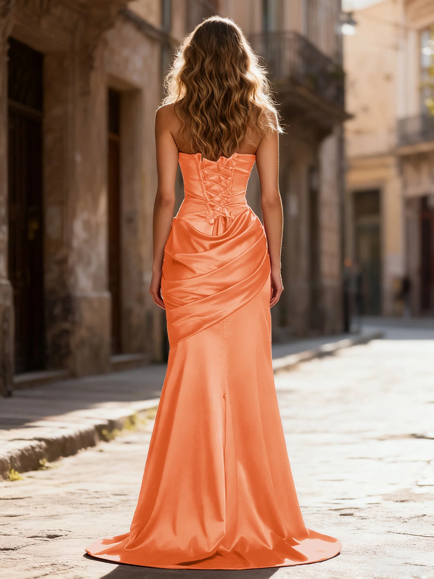 Strapless Ruched Mermaid Gown With Neck Sash Burnt Orange - Image 2