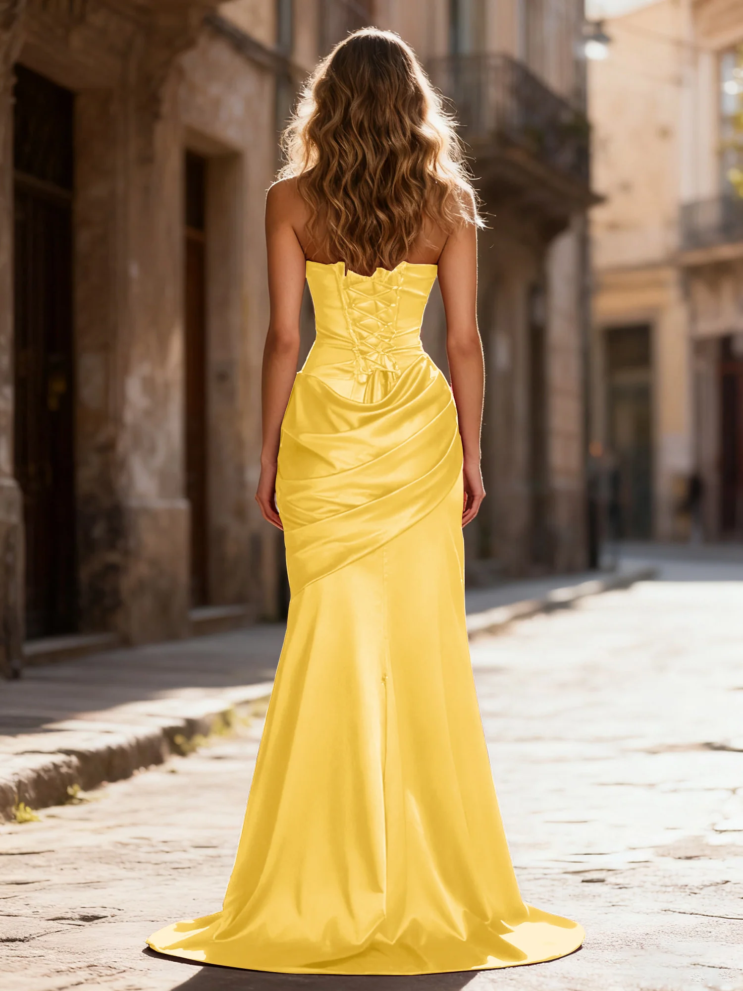 Strapless Ruched Mermaid Gown With Neck Sash Marigold - Image 2
