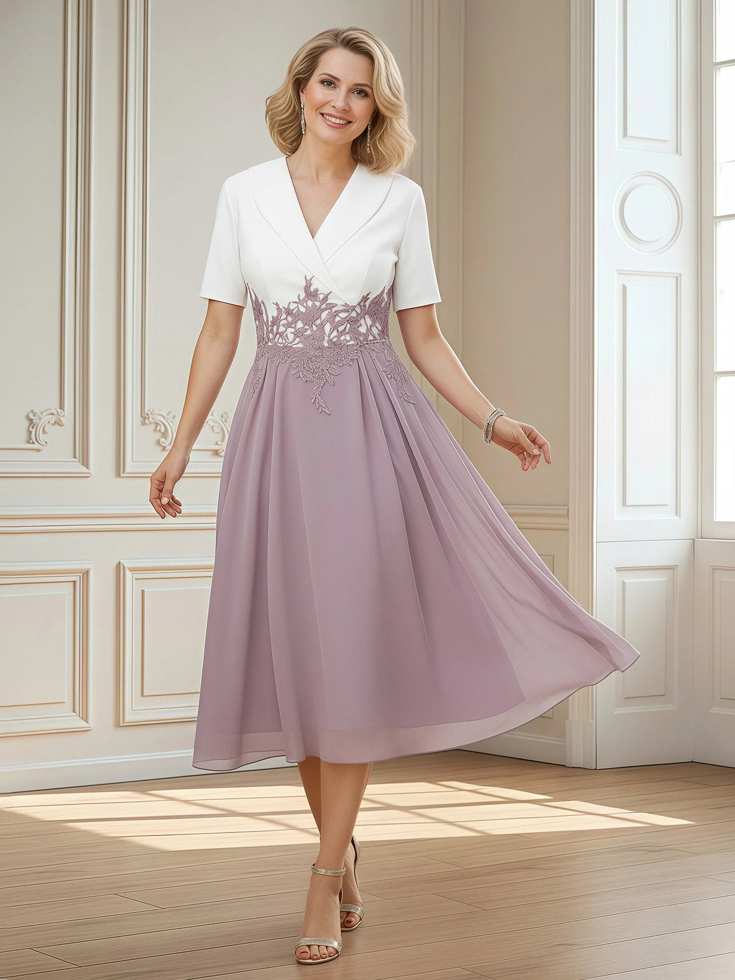 Short Sleeves V-neck Satin Chiffon A-Line Dress Mist