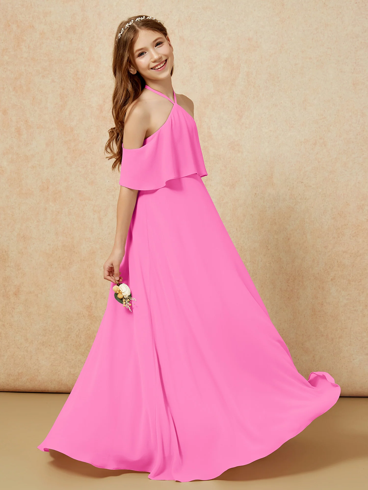 Simple Halter Floor-length Junior Bridesmaid Dress Azalea - Image 5