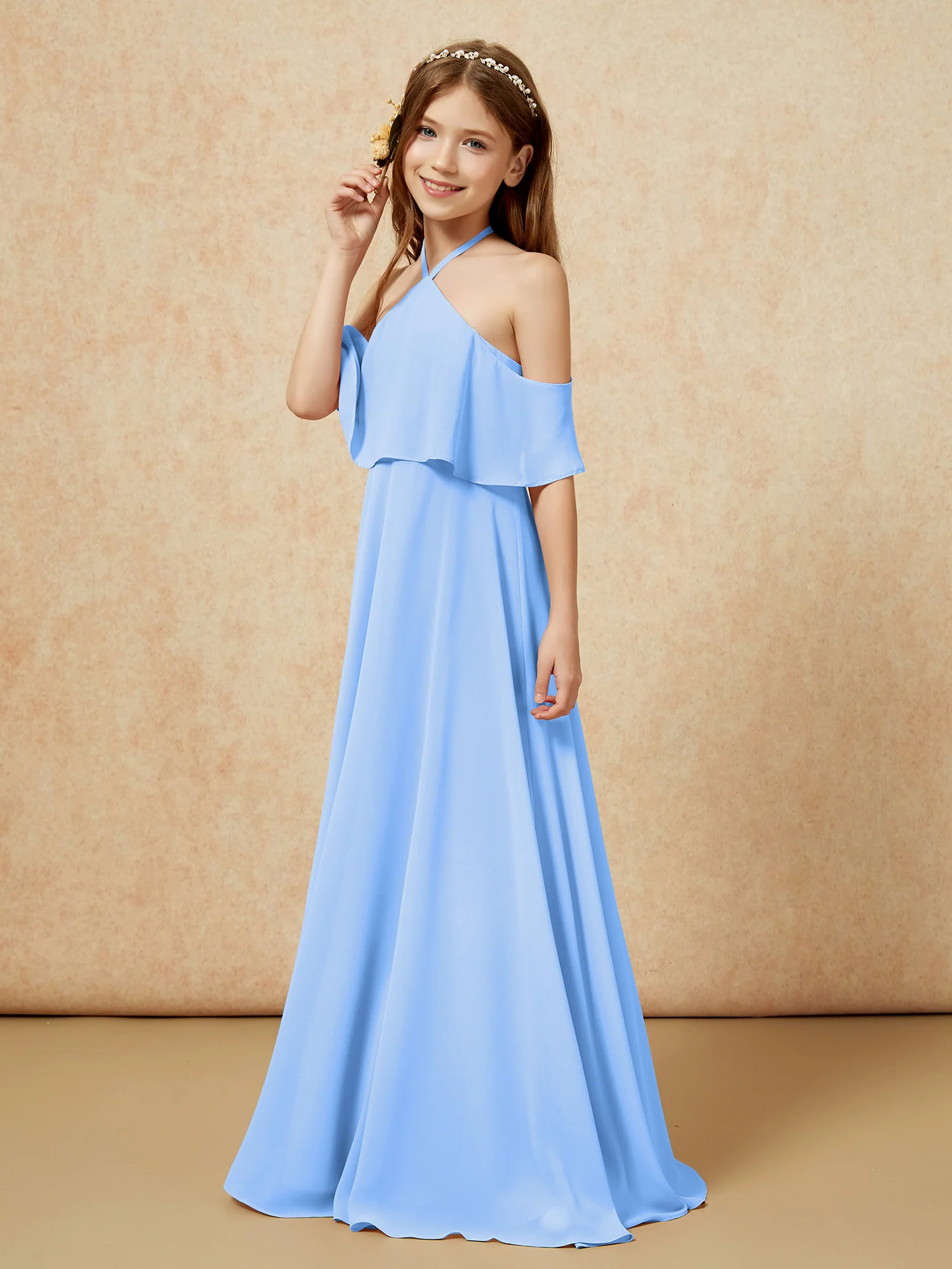Simple Halter Floor-length Junior Bridesmaid Dress Blue - Image 3