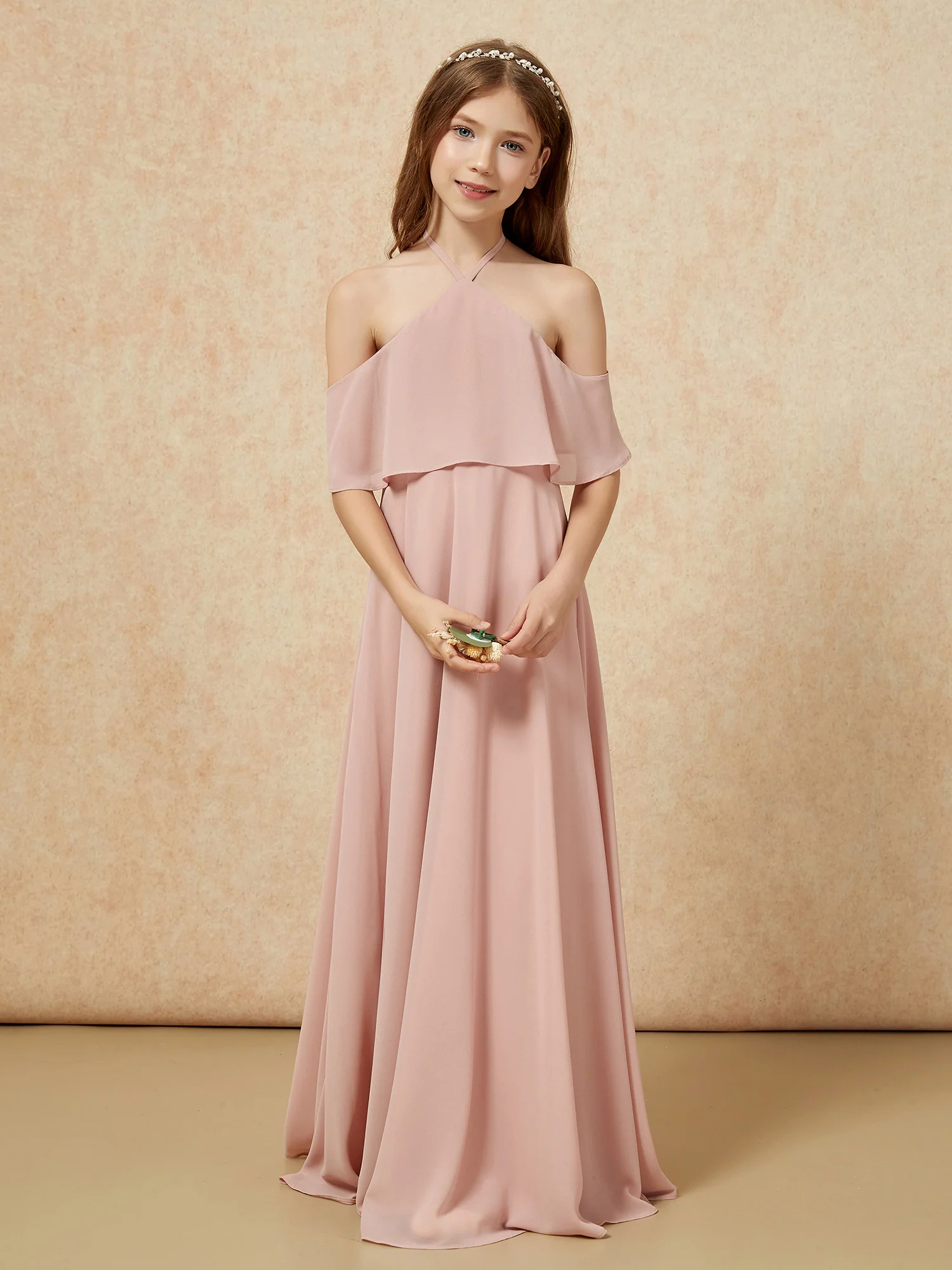 Simple Halter Floor-length Junior Bridesmaid Dress Dusty Rose - Image 4