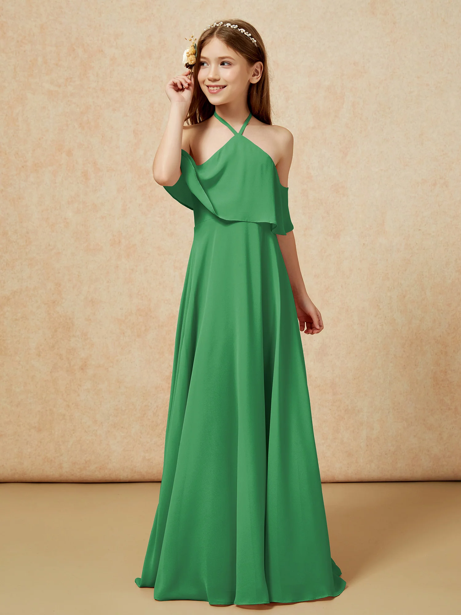 Simple Halter Floor-length Junior Bridesmaid Dress Emerald