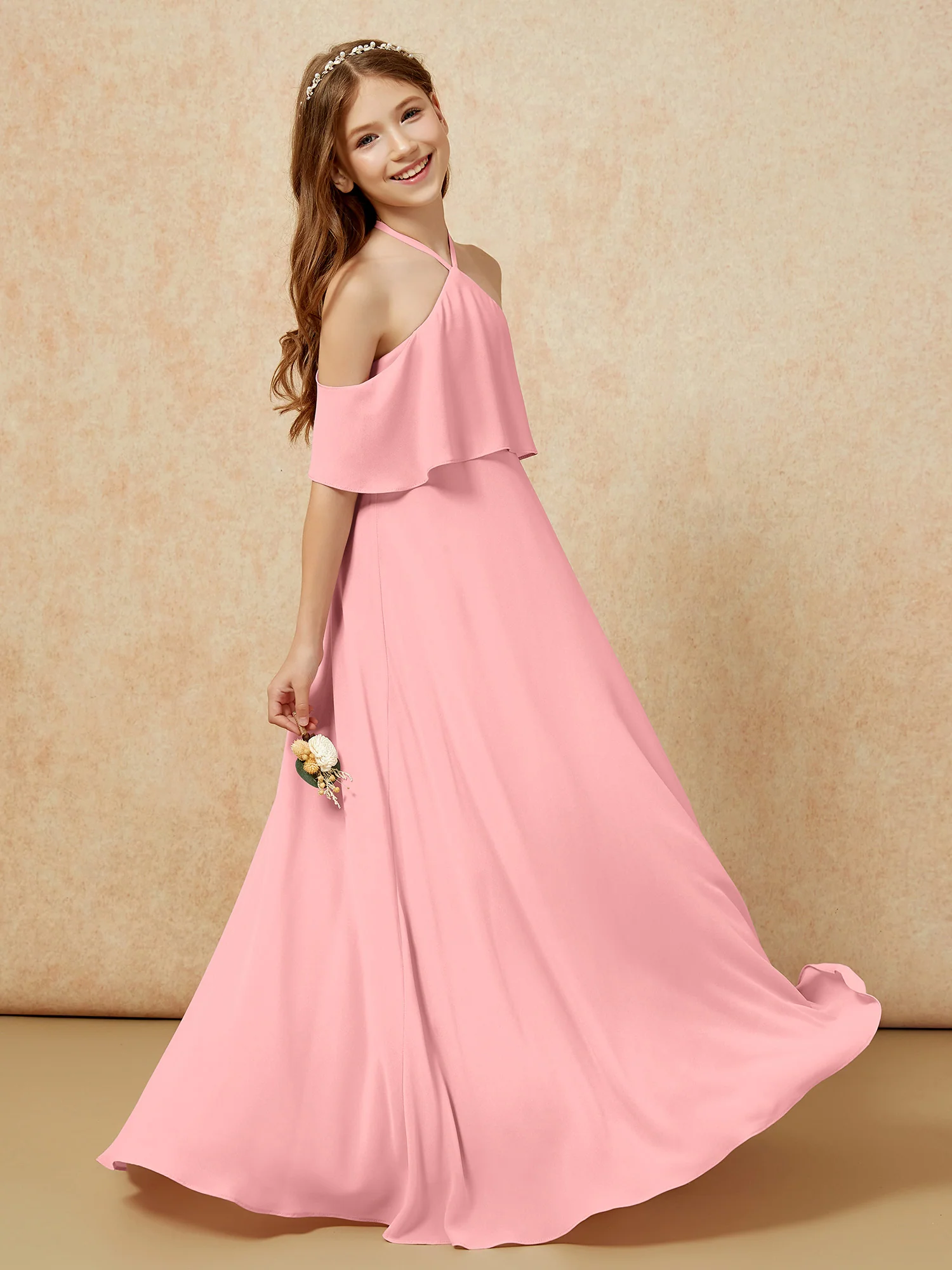 Simple Halter Floor-length Junior Bridesmaid Dress Flamingo - Image 5