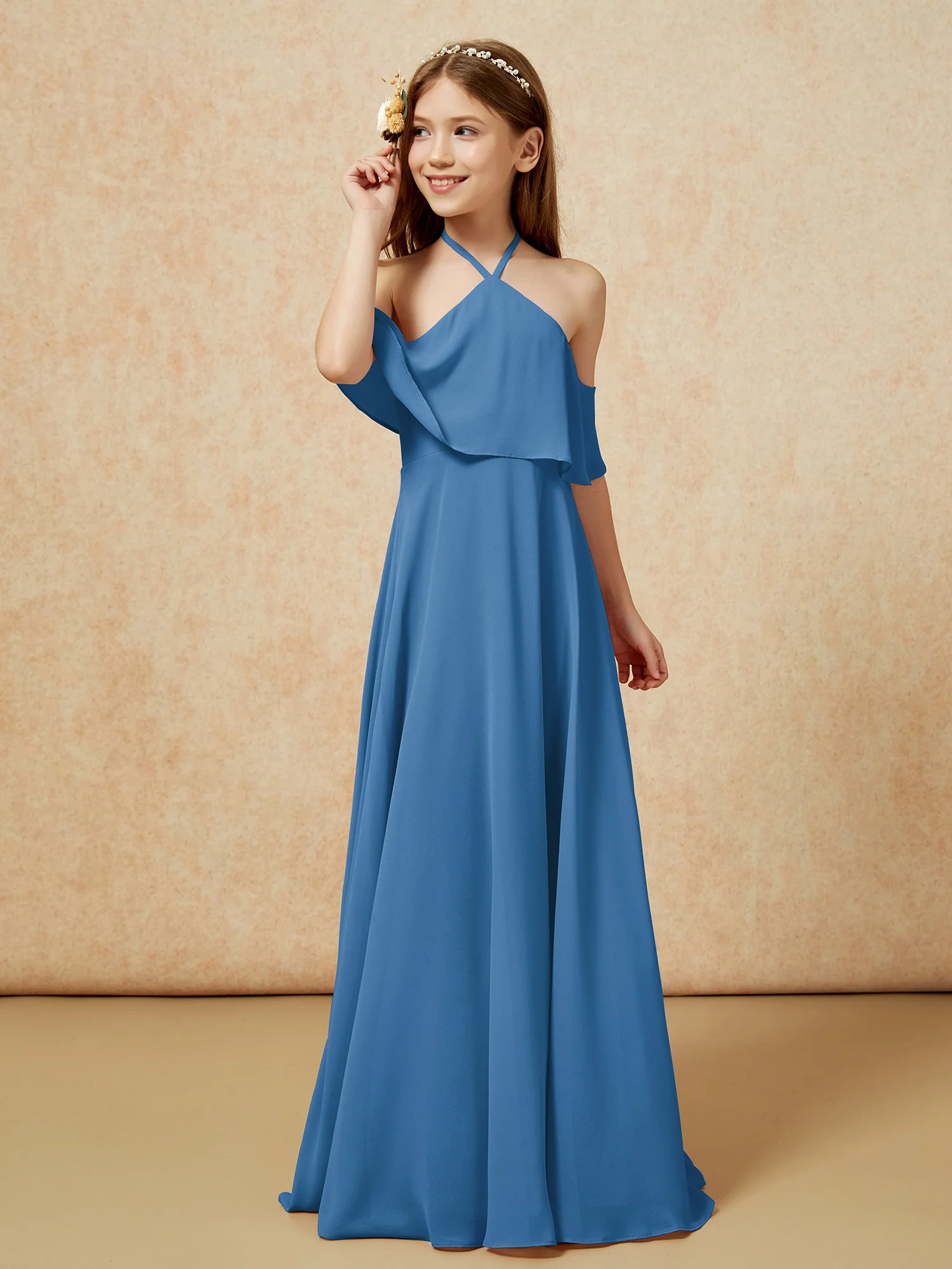 Simple Halter Floor-length Junior Bridesmaid Dress Ink Blue