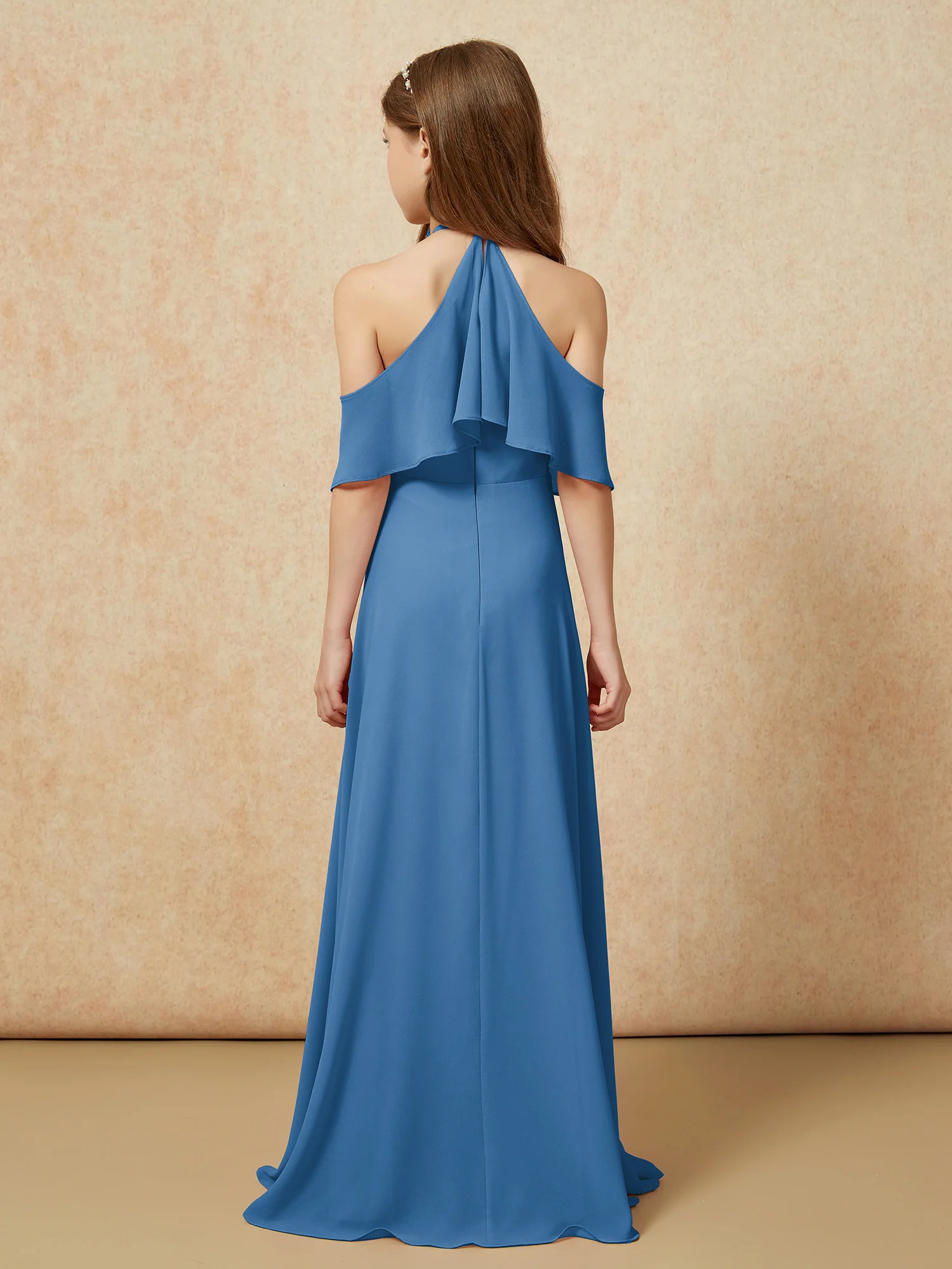 Simple Halter Floor-length Junior Bridesmaid Dress Ink Blue - Image 2