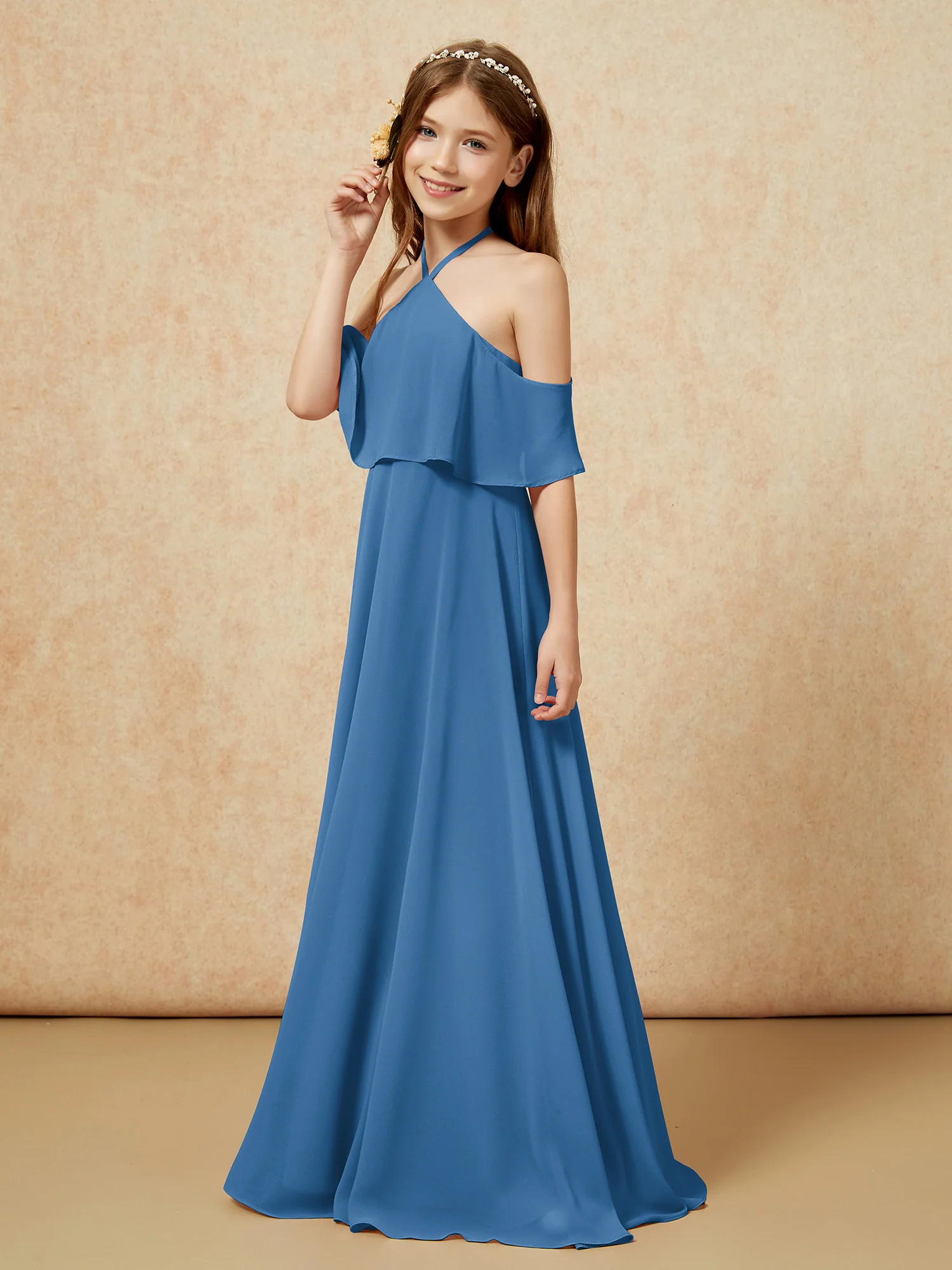 Simple Halter Floor-length Junior Bridesmaid Dress Ink Blue - Image 3
