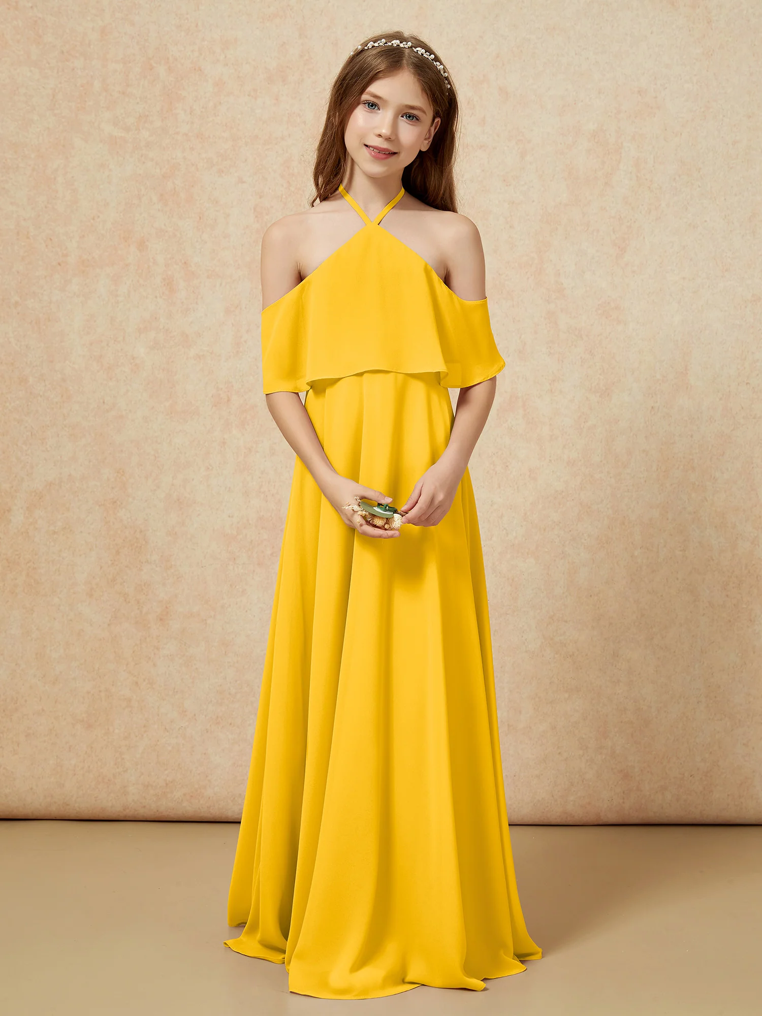Simple Halter Floor-length Junior Bridesmaid Dress Marigold - Image 4