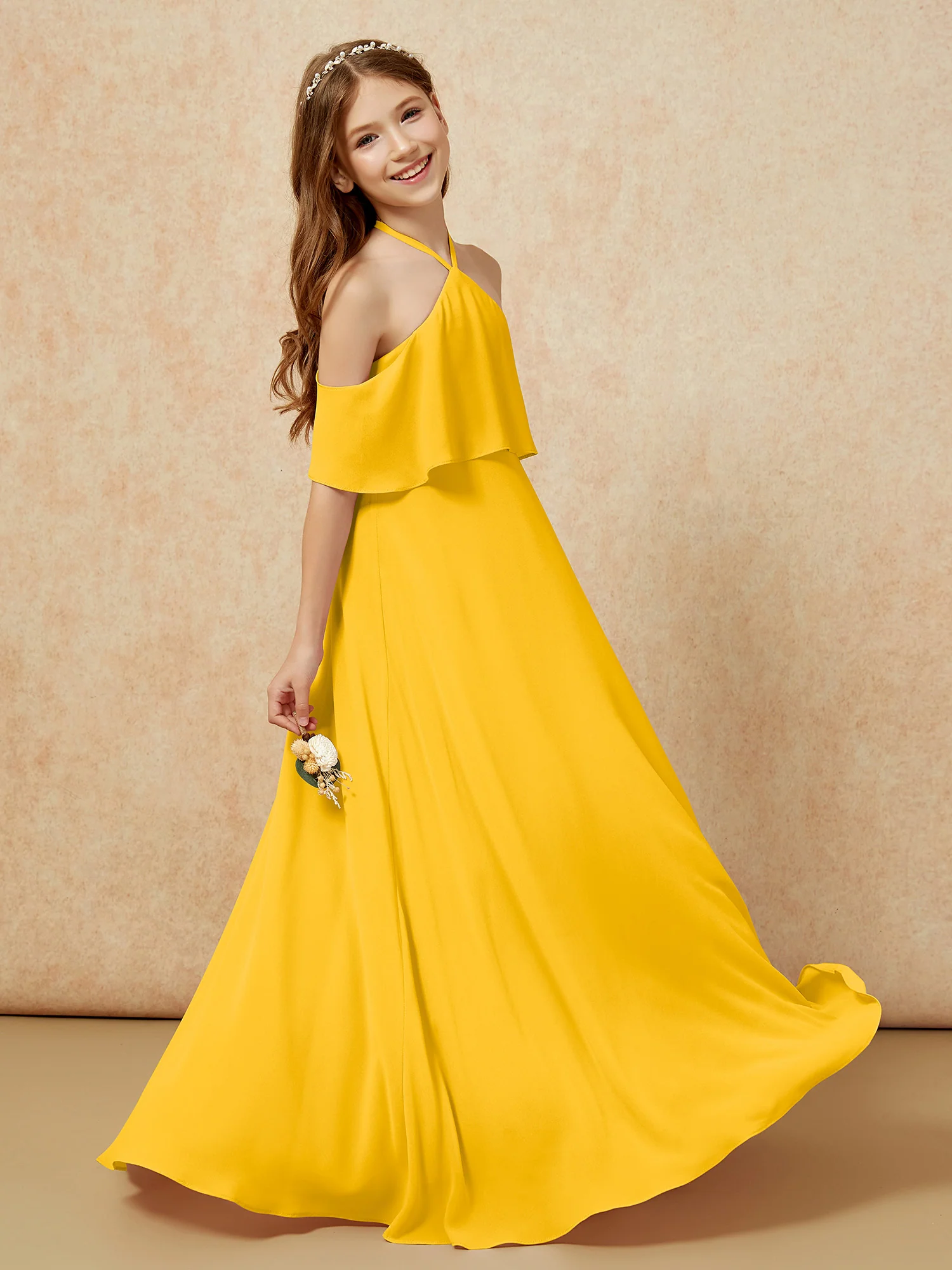 Simple Halter Floor-length Junior Bridesmaid Dress Marigold - Image 5
